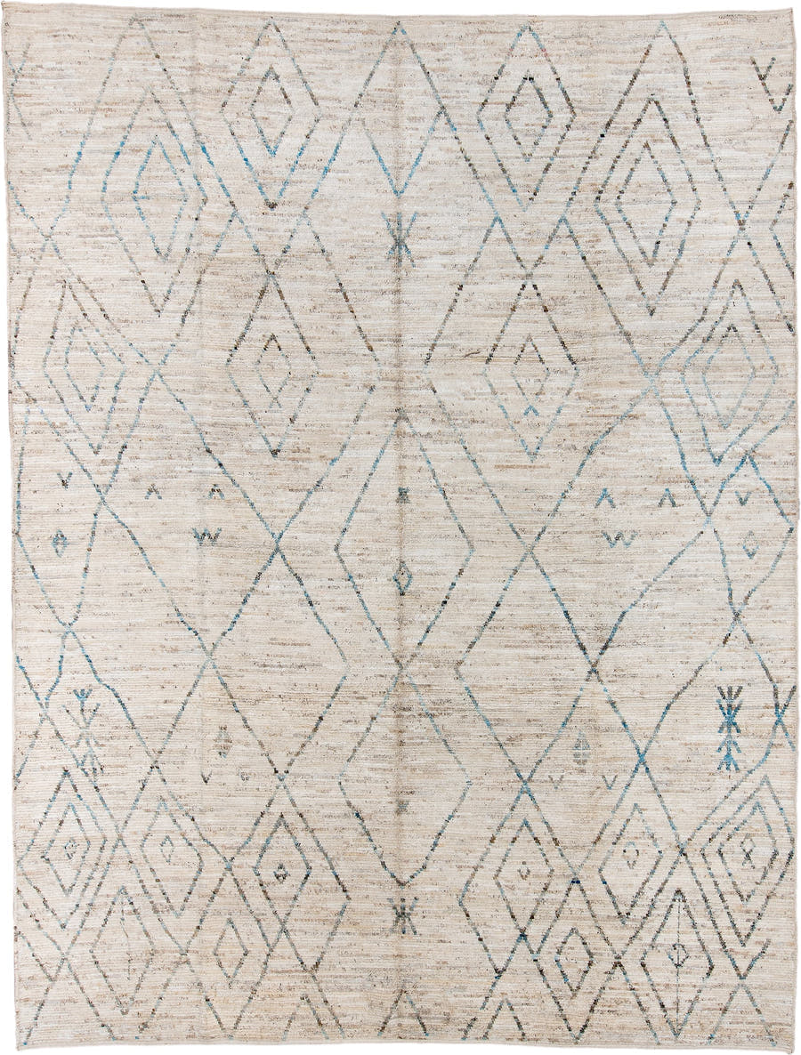 10' x 13' one-of-a-kind handmade vintage Tulu large size rug. Color palette: ivory, taupe, aqua, beige, gray, teal