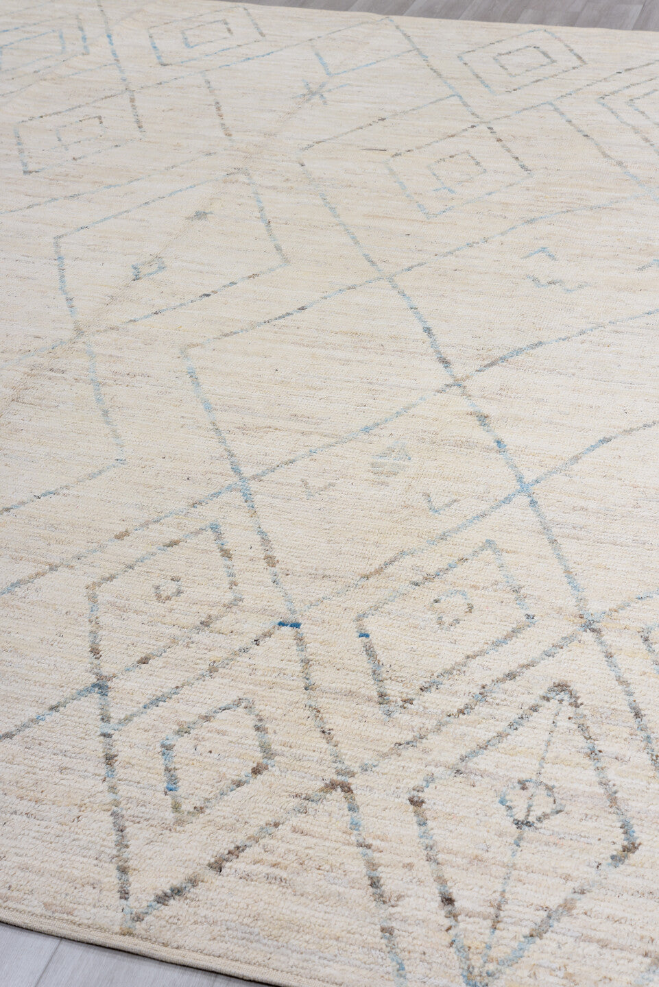 10' x 13' one-of-a-kind handmade vintage Tulu large size rug. Color palette: ivory, taupe, aqua, beige, gray, teal