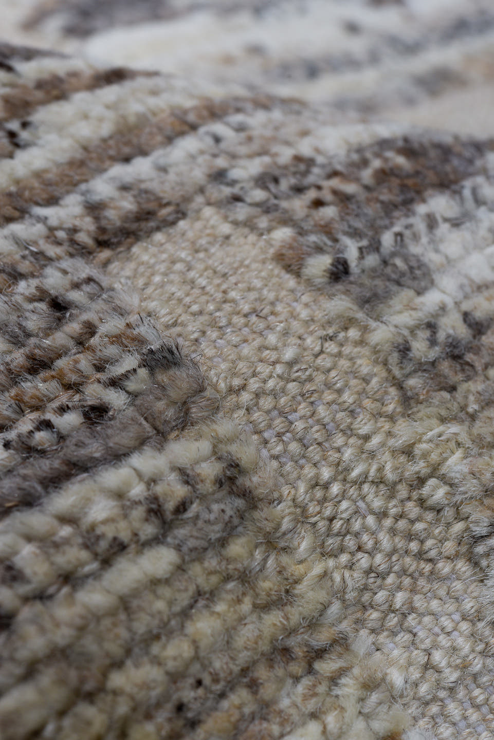 10' x 13' one-of-a-kind handmade vintage Tulu large size rug. Color palette: ivory, taupe, beige, gray, greige, brown