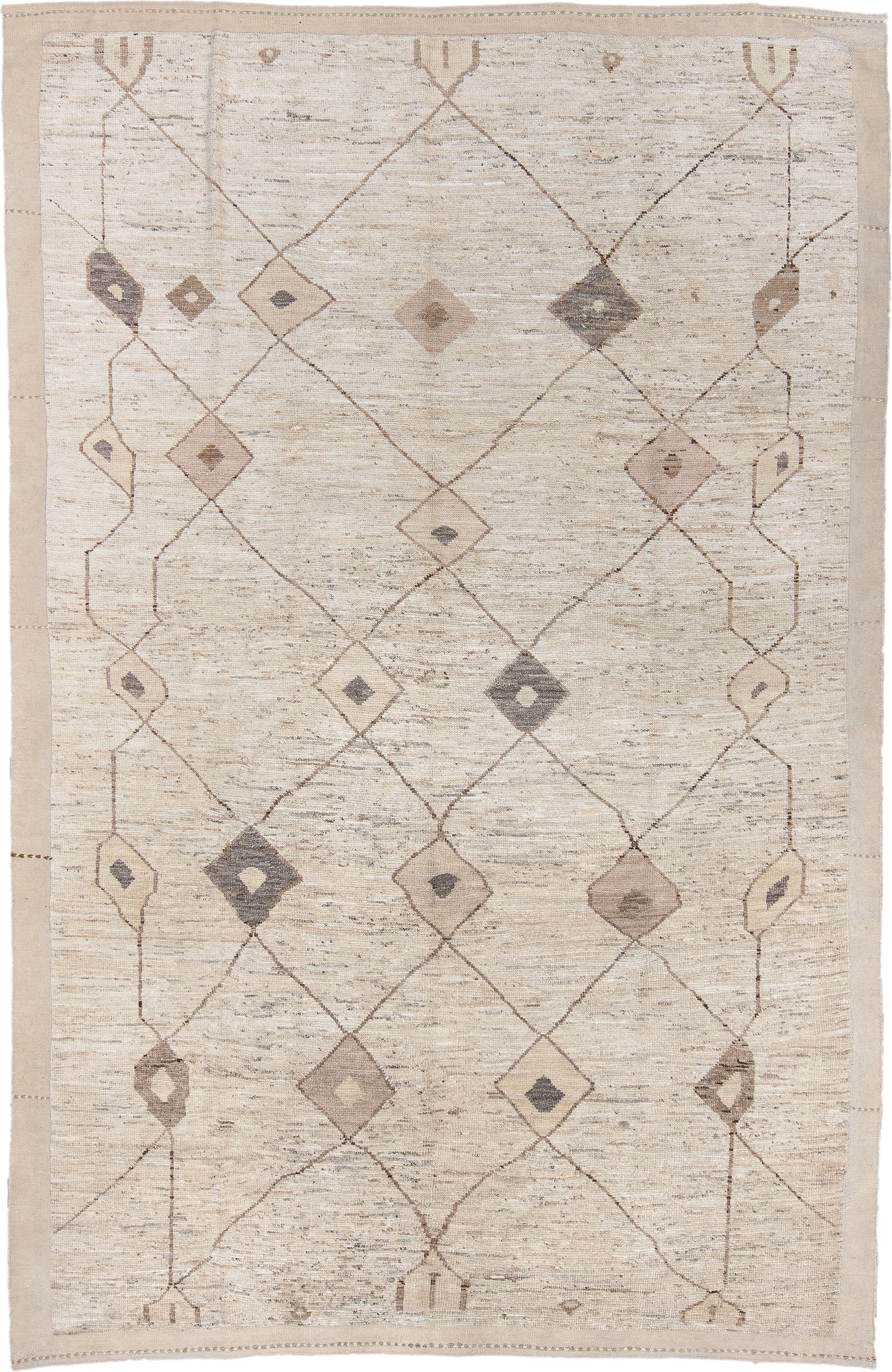 8' x 12' one-of-a-kind handmade vintage Tulu large size rug. Color palette: ivory, taupe, beige, brown, camel, charcoal