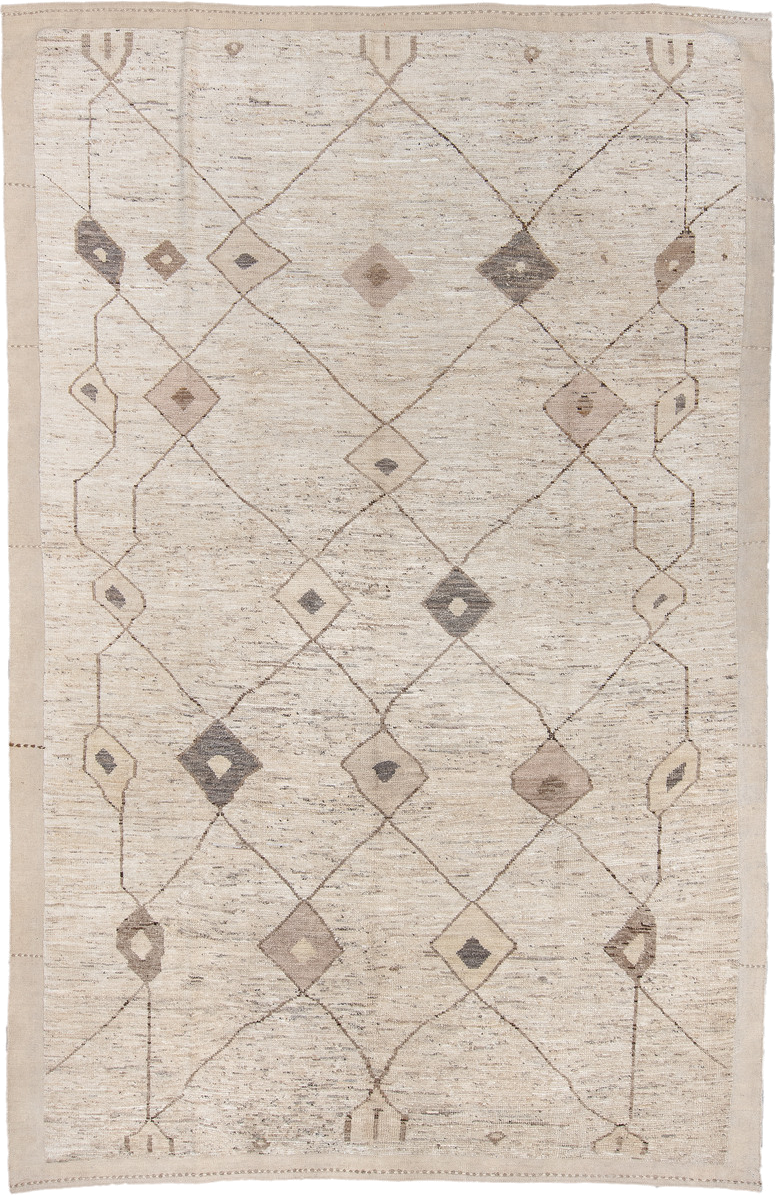 8' x 12' one-of-a-kind handmade vintage Tulu large size rug. Color palette: ivory, taupe, beige, brown, camel, charcoal