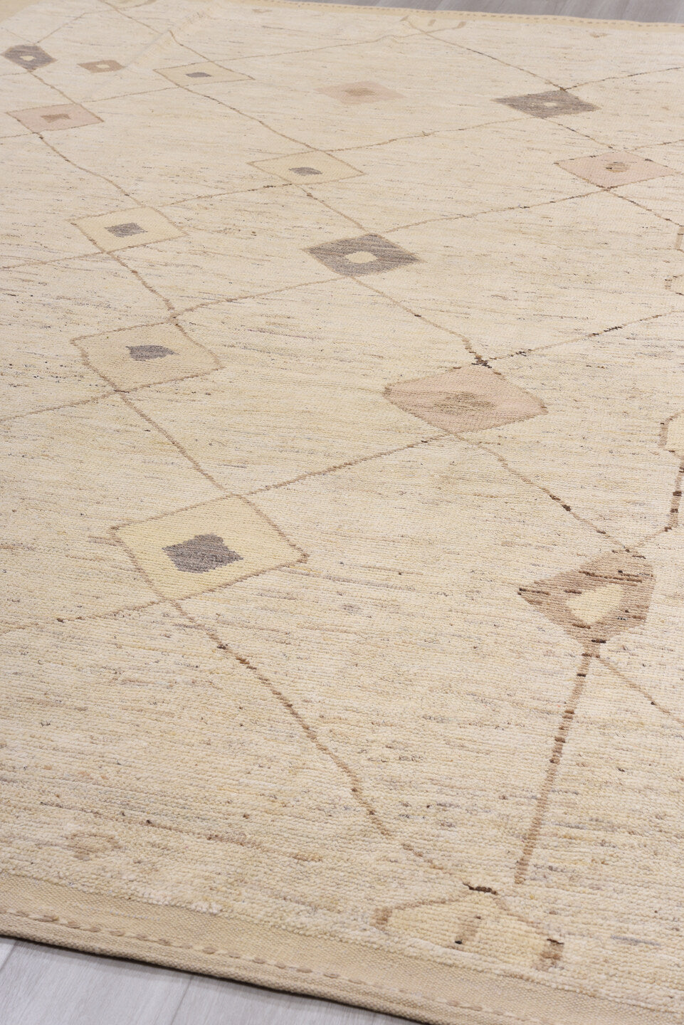 8' x 12' one-of-a-kind handmade vintage Tulu large size rug. Color palette: ivory, taupe, beige, brown, camel, charcoal