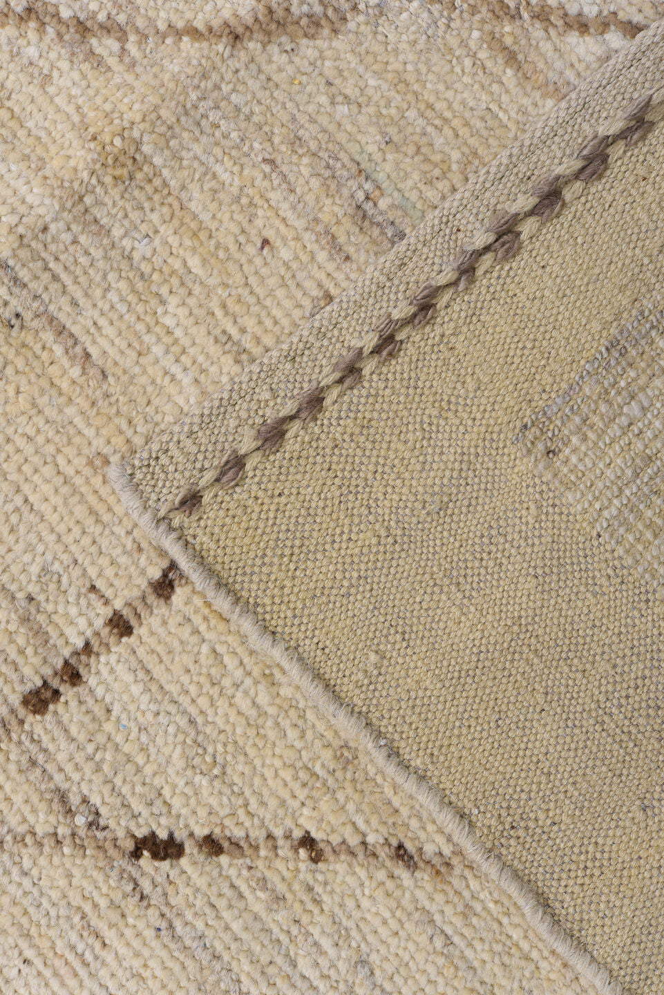 8' x 12' one-of-a-kind handmade vintage Tulu large size rug. Color palette: ivory, taupe, beige, brown, camel, charcoal