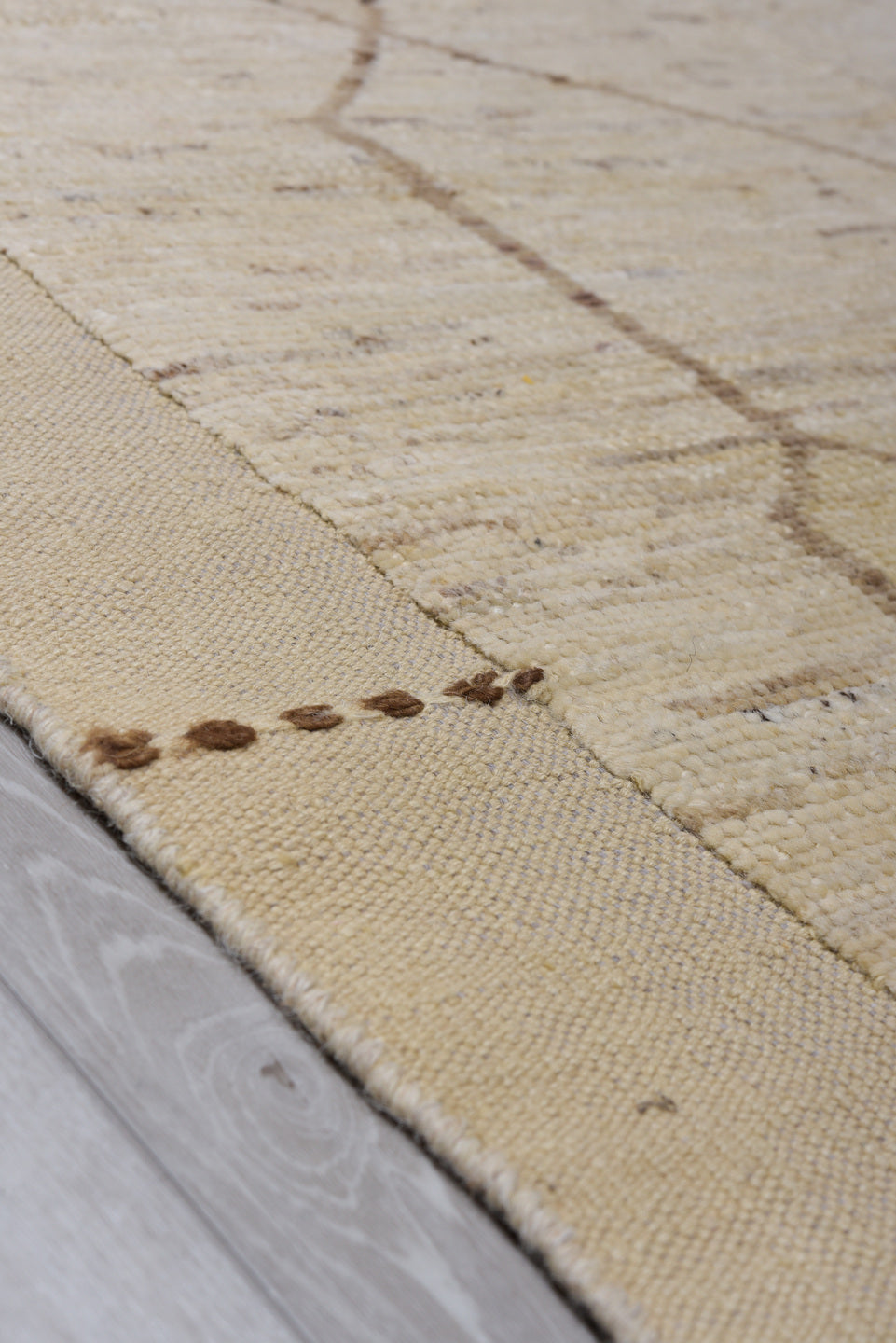 8' x 12' one-of-a-kind handmade vintage Tulu large size rug. Color palette: ivory, taupe, beige, brown, camel, charcoal
