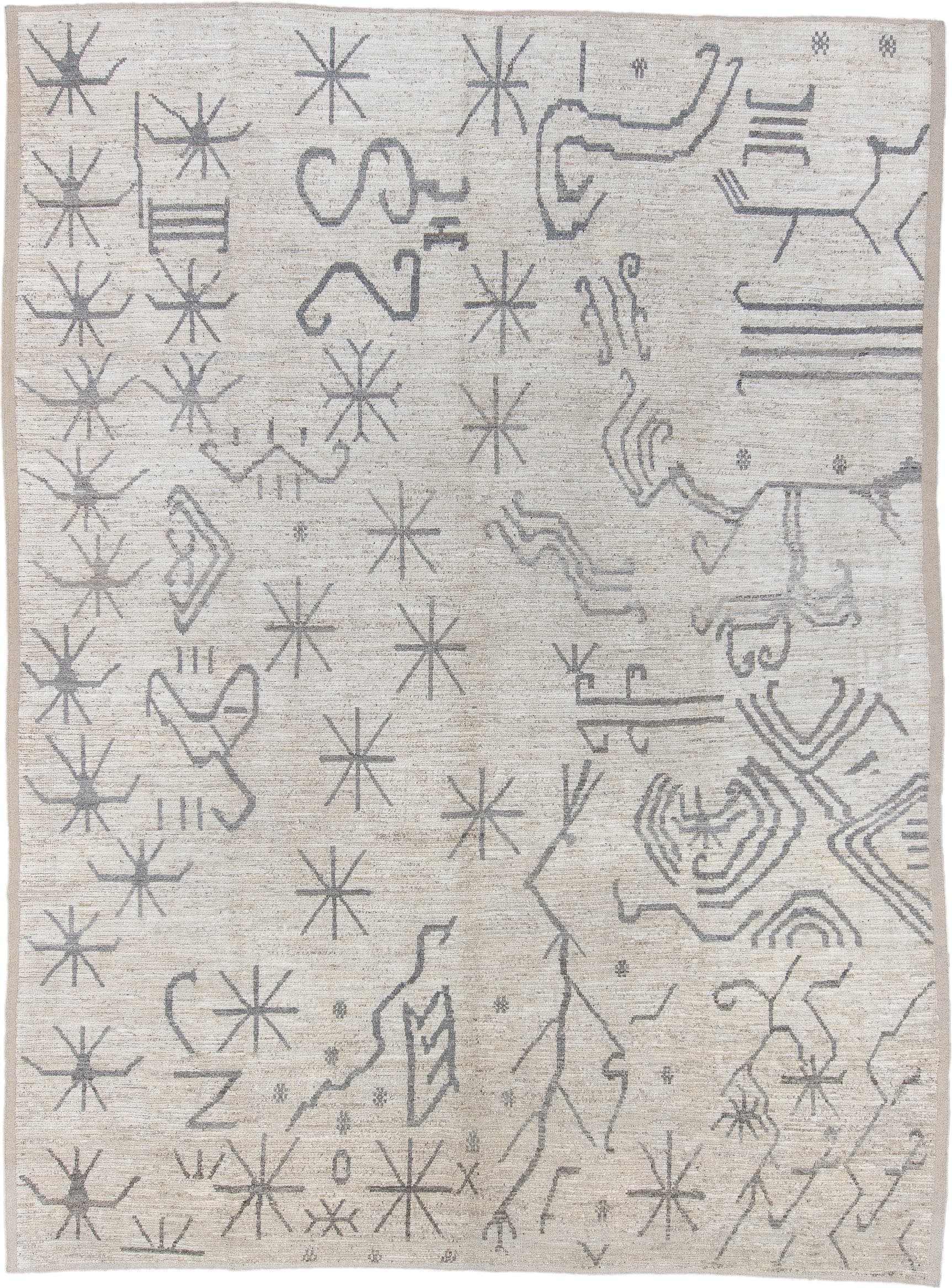 10' x 13' one-of-a-kind handmade vintage Tulu large size rug. Color palette: ivory, gray, taupe, cream, beige