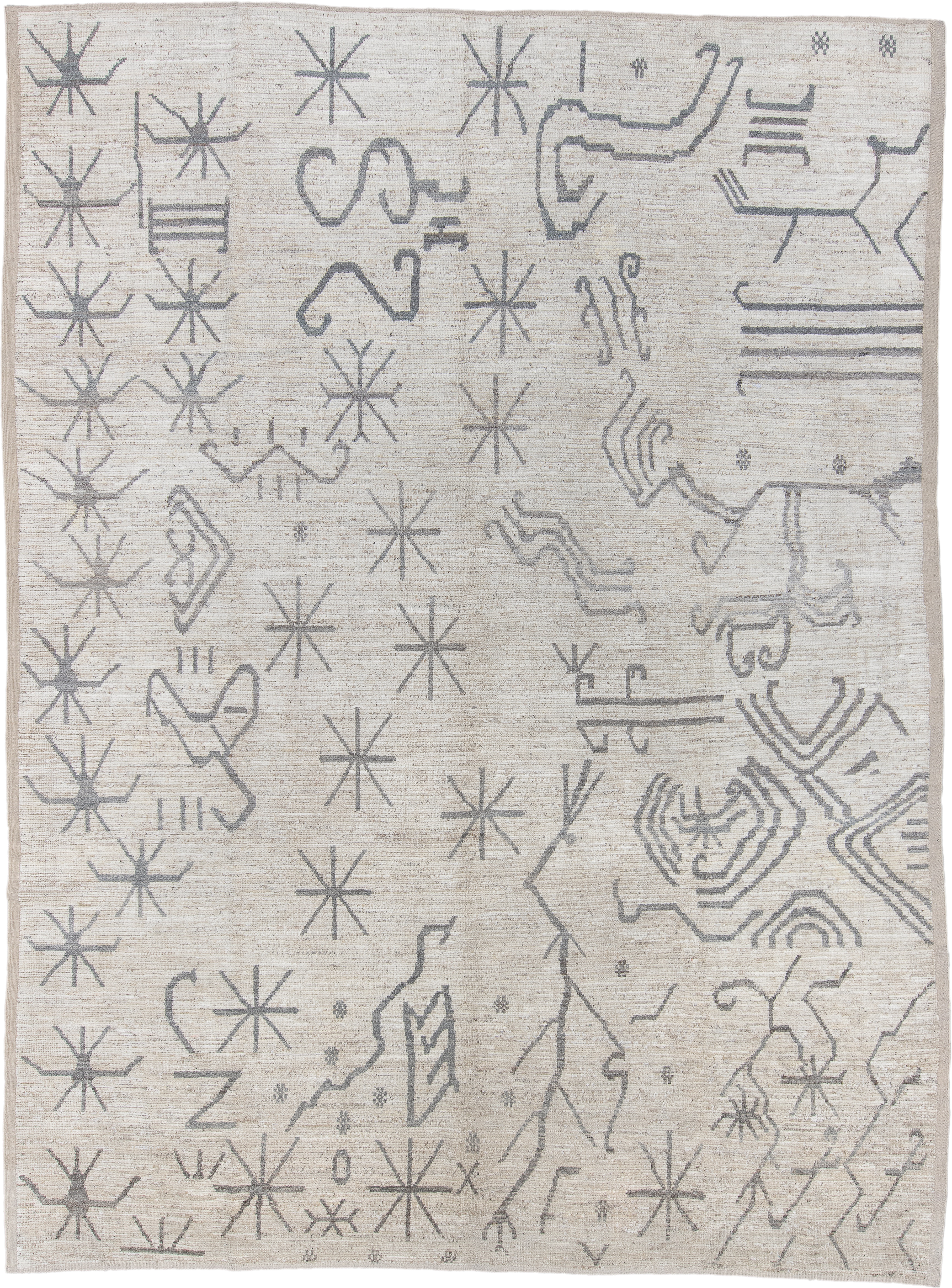 10' x 13' one-of-a-kind handmade vintage Tulu large size rug. Color palette: ivory, gray, taupe, cream, beige