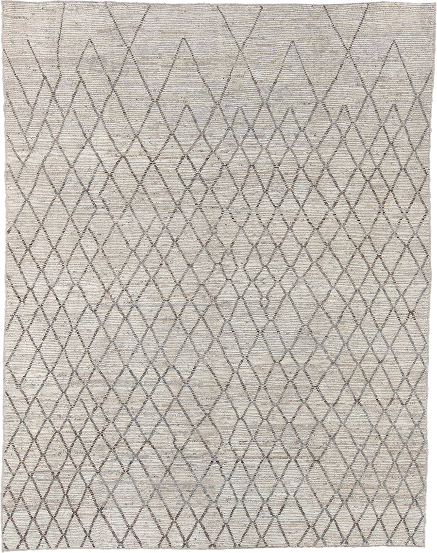 9' x 12' one-of-a-kind handmade vintage Tulu large size rug. Color palette: ivory, taupe, gray, cream, beige