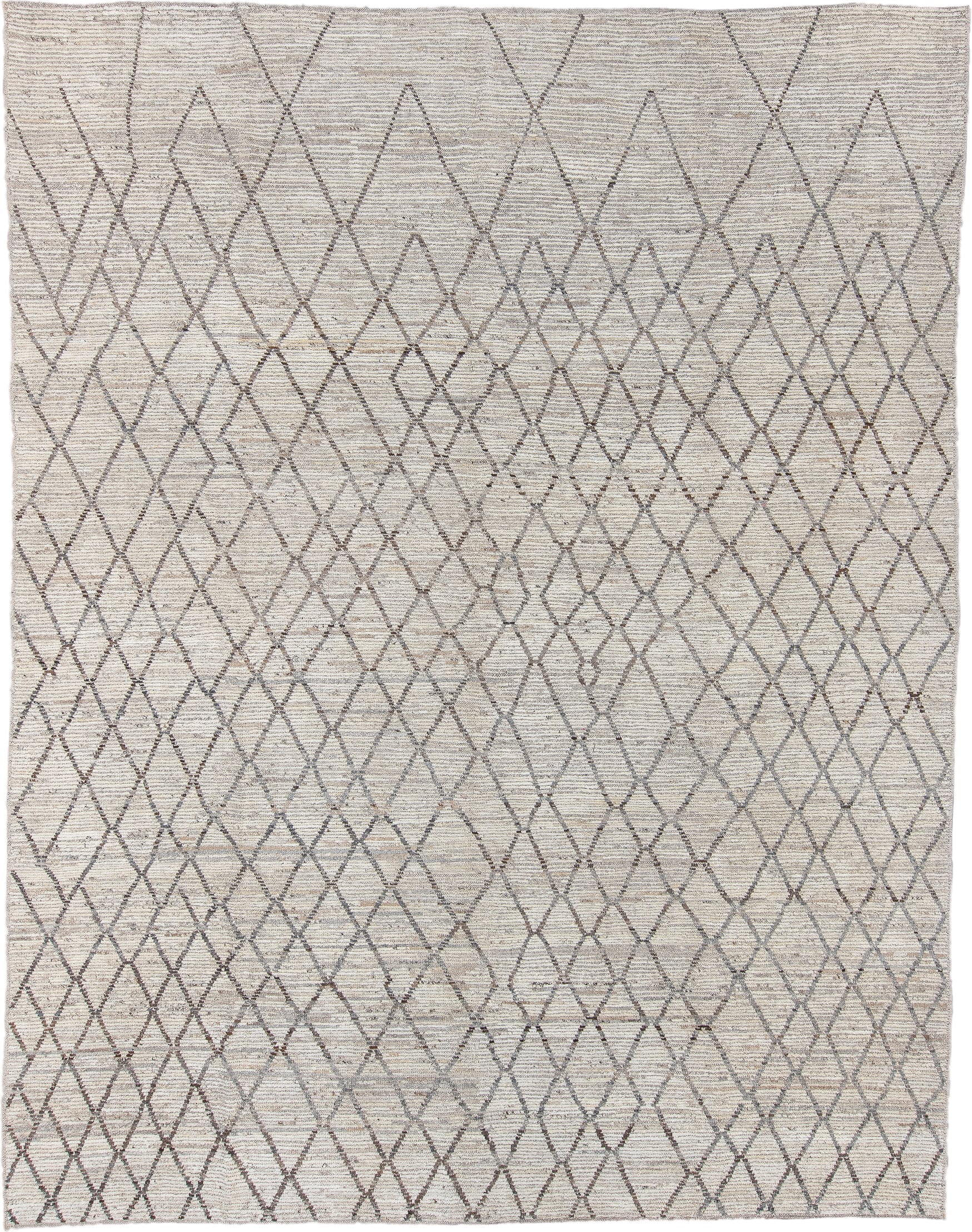 9' x 12' one-of-a-kind handmade vintage Tulu large size rug. Color palette: ivory, taupe, gray, cream, beige