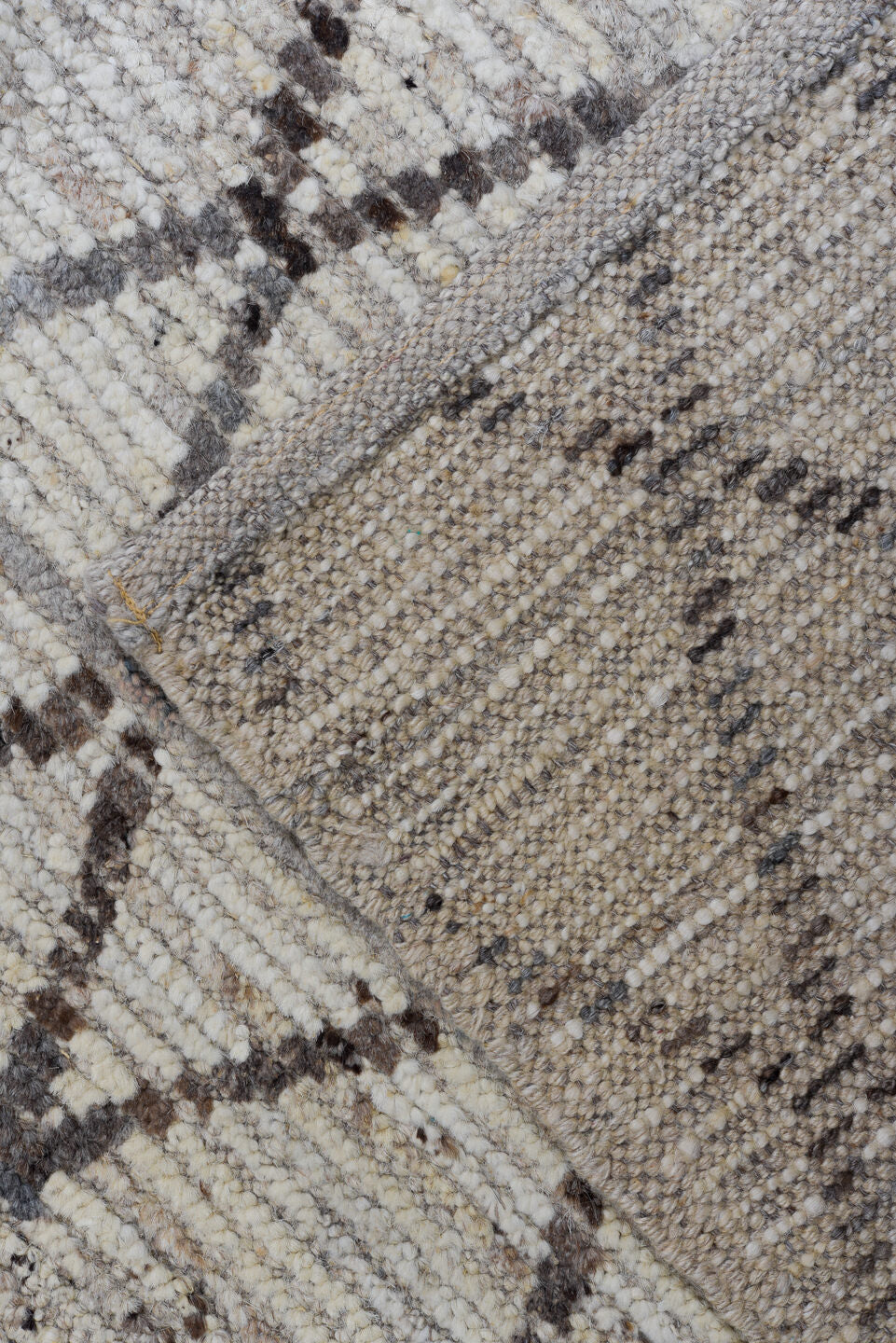9' x 12' one-of-a-kind handmade vintage Tulu large size rug. Color palette: ivory, taupe, gray, cream, beige
