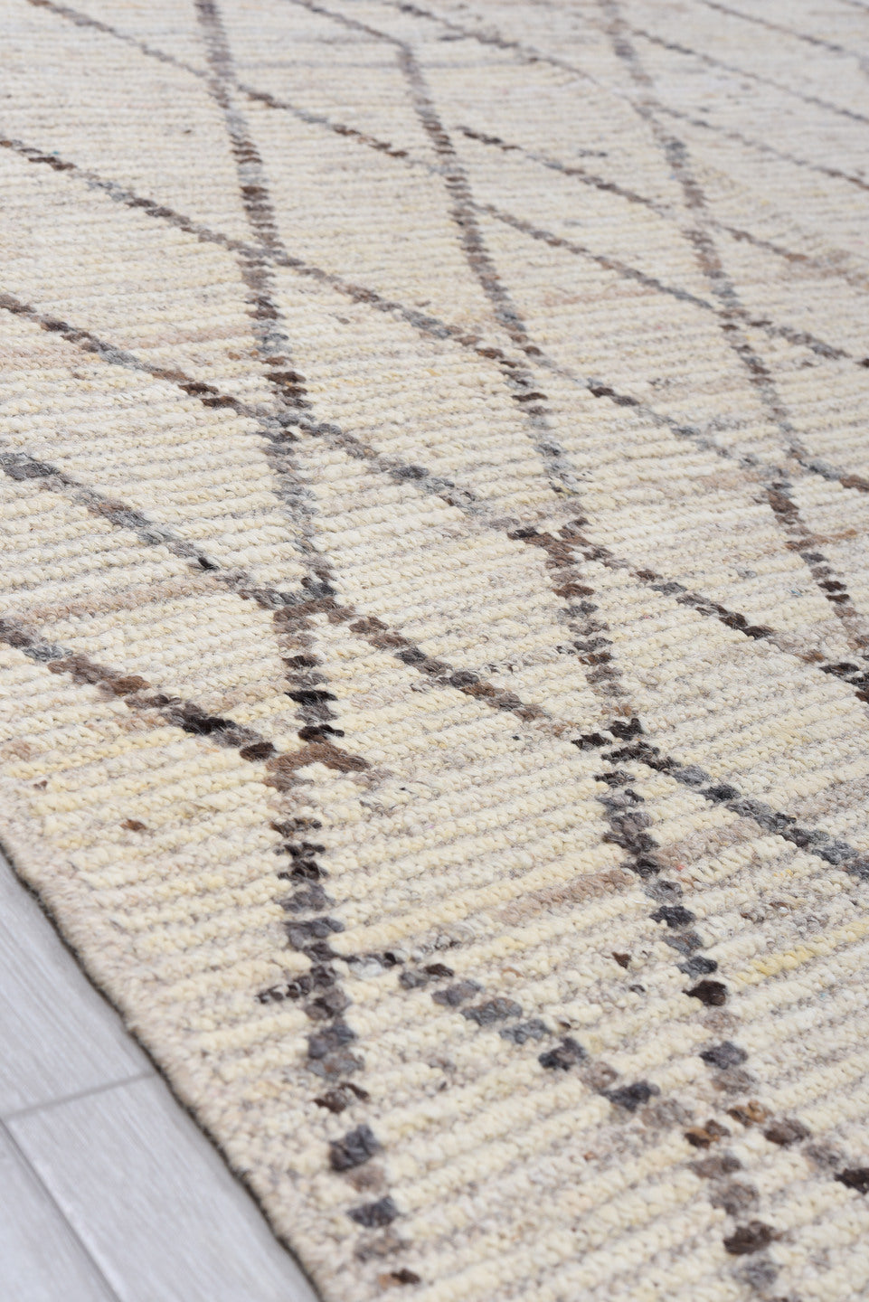 9' x 12' one-of-a-kind handmade vintage Tulu large size rug. Color palette: ivory, taupe, gray, cream, beige