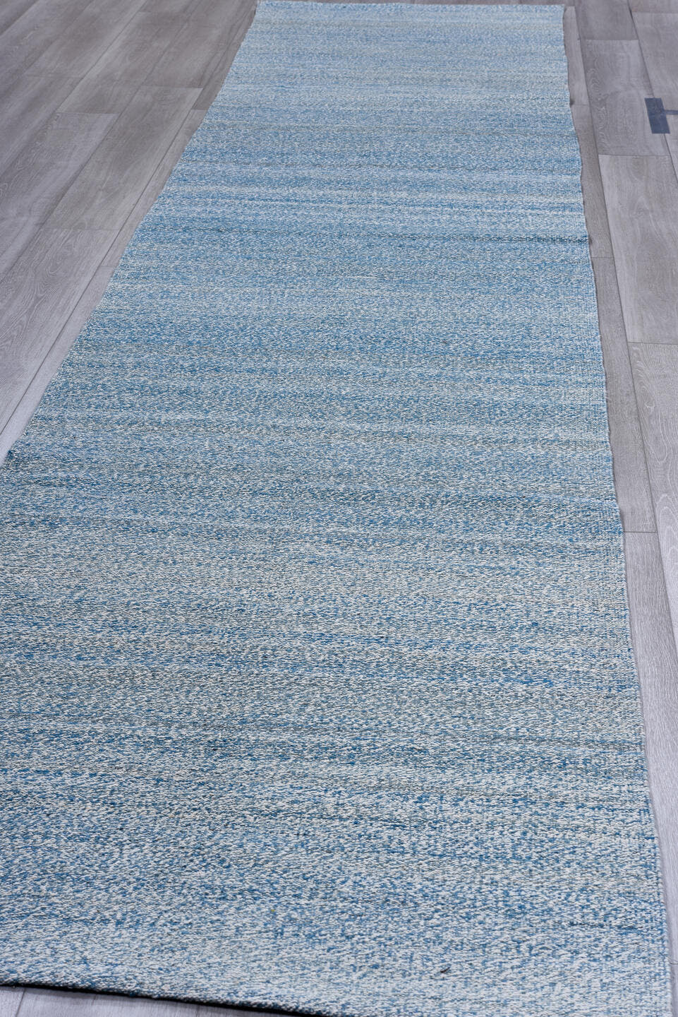 3' x 15' one-of-a-kind handmade vintage Kilim runner rug. Color palette: sky blue, powder blue, ice blue, ivory, light blue