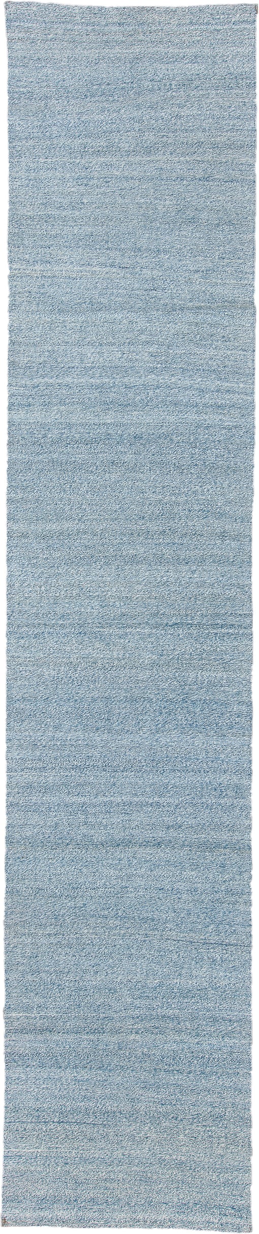 3' x 15' one-of-a-kind handmade vintage Kilim runner rug. Color palette: light blue, sky blue, ivory