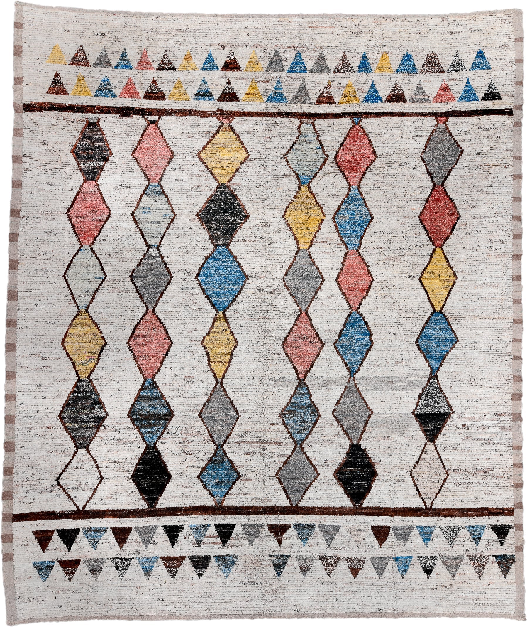 14' x 16' one-of-a-kind handmade vintage Tulu oversize rug. Color palette: ivory, gray, sky_blue, charcoal, blush, yellow