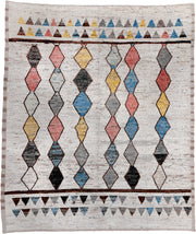 14' x 16' one-of-a-kind handmade vintage Tulu oversize rug. Color palette: ivory, gray, sky_blue, charcoal, blush, yellow