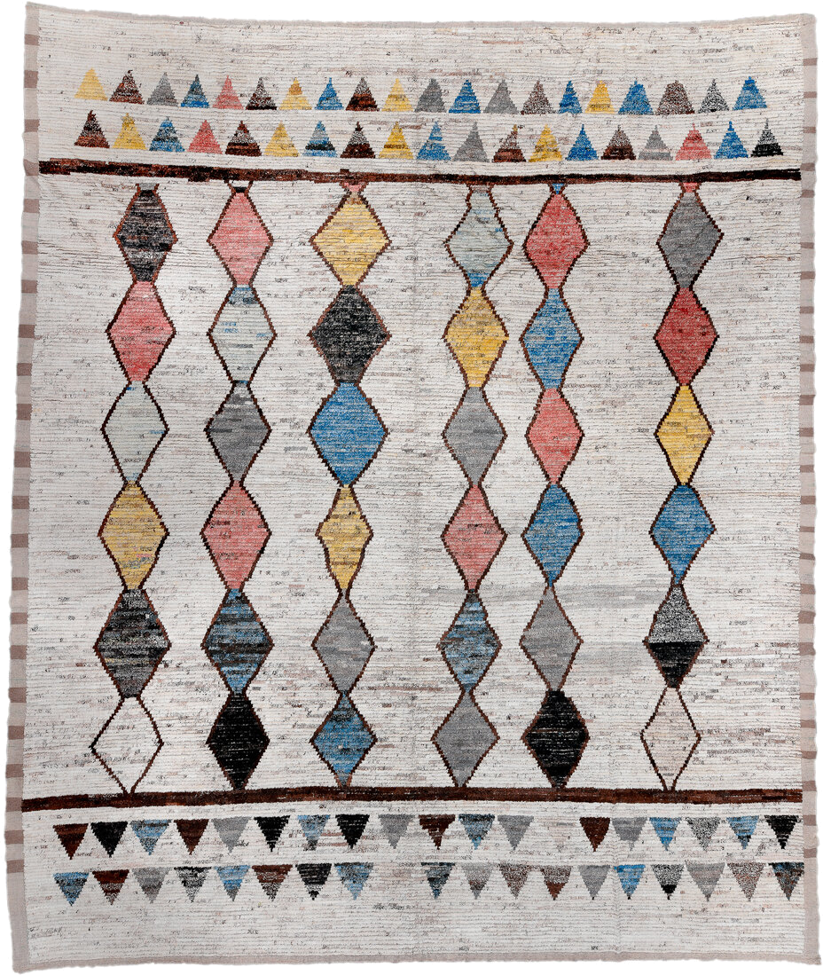 14' x 16' one-of-a-kind handmade vintage Tulu oversize rug. Color palette: ivory, gray, sky_blue, charcoal, blush, yellow