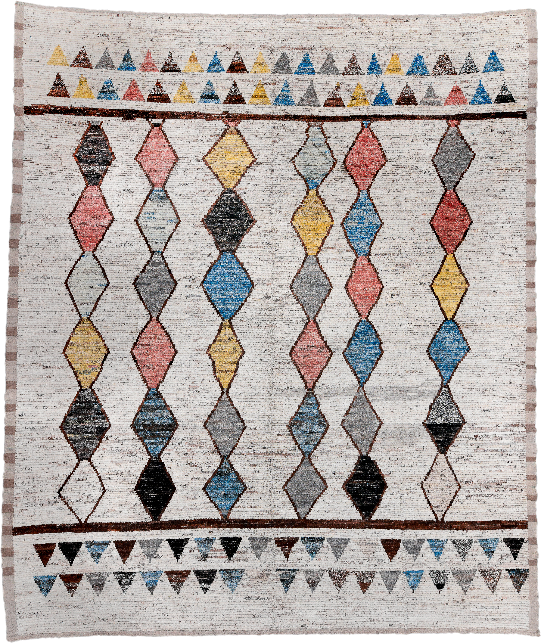 14' x 16' one-of-a-kind handmade vintage Tulu oversize rug. Color palette: ivory, gray, sky_blue, charcoal, blush, yellow