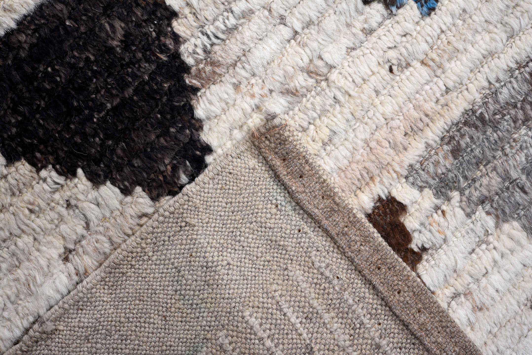 14' x 16' one-of-a-kind handmade vintage Tulu oversize rug. Color palette: ivory, gray, sky_blue, charcoal, blush, yellow