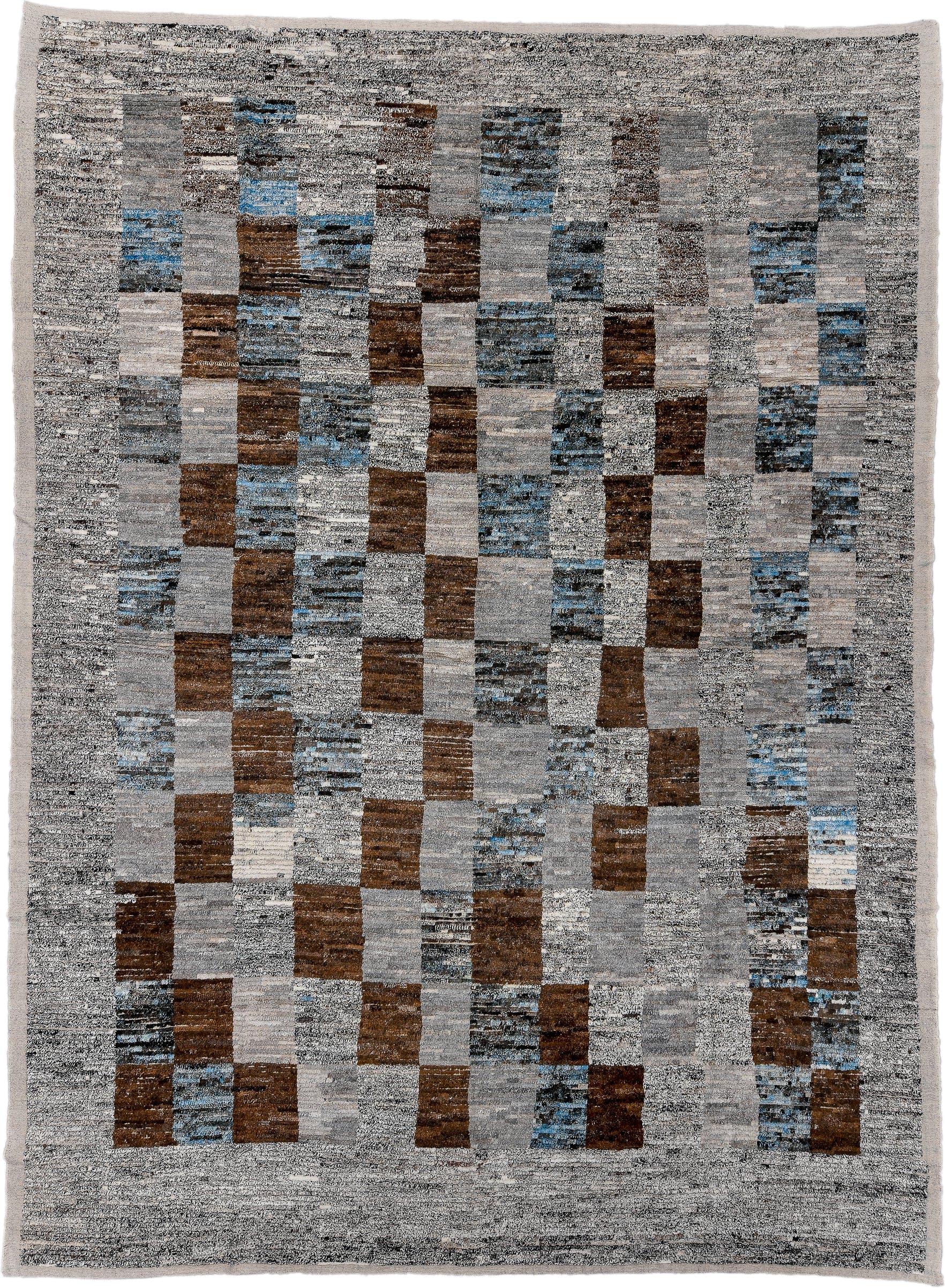 13' x 17' one-of-a-kind handmade vintage Tulu oversize rug. Color palette: gray, brown, charcoal, ivory, sky blue, taupe