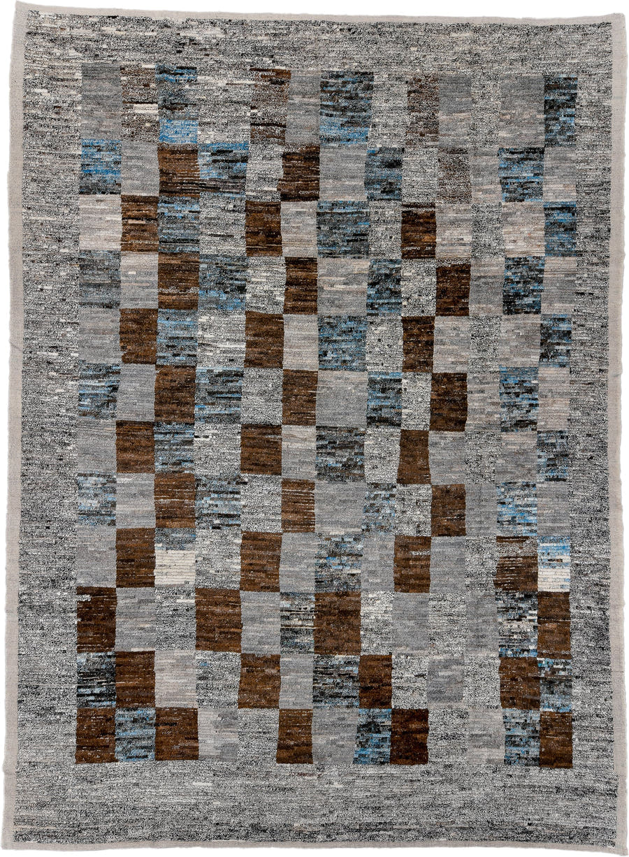 13' x 17' one-of-a-kind handmade vintage Tulu oversize rug. Color palette: gray, brown, charcoal, ivory, sky blue, taupe