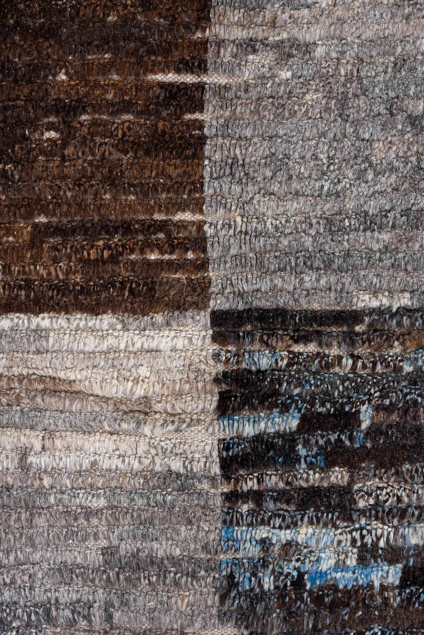 13' x 17' one-of-a-kind handmade vintage Tulu oversize rug. Color palette: gray, brown, charcoal, ivory, sky blue, taupe