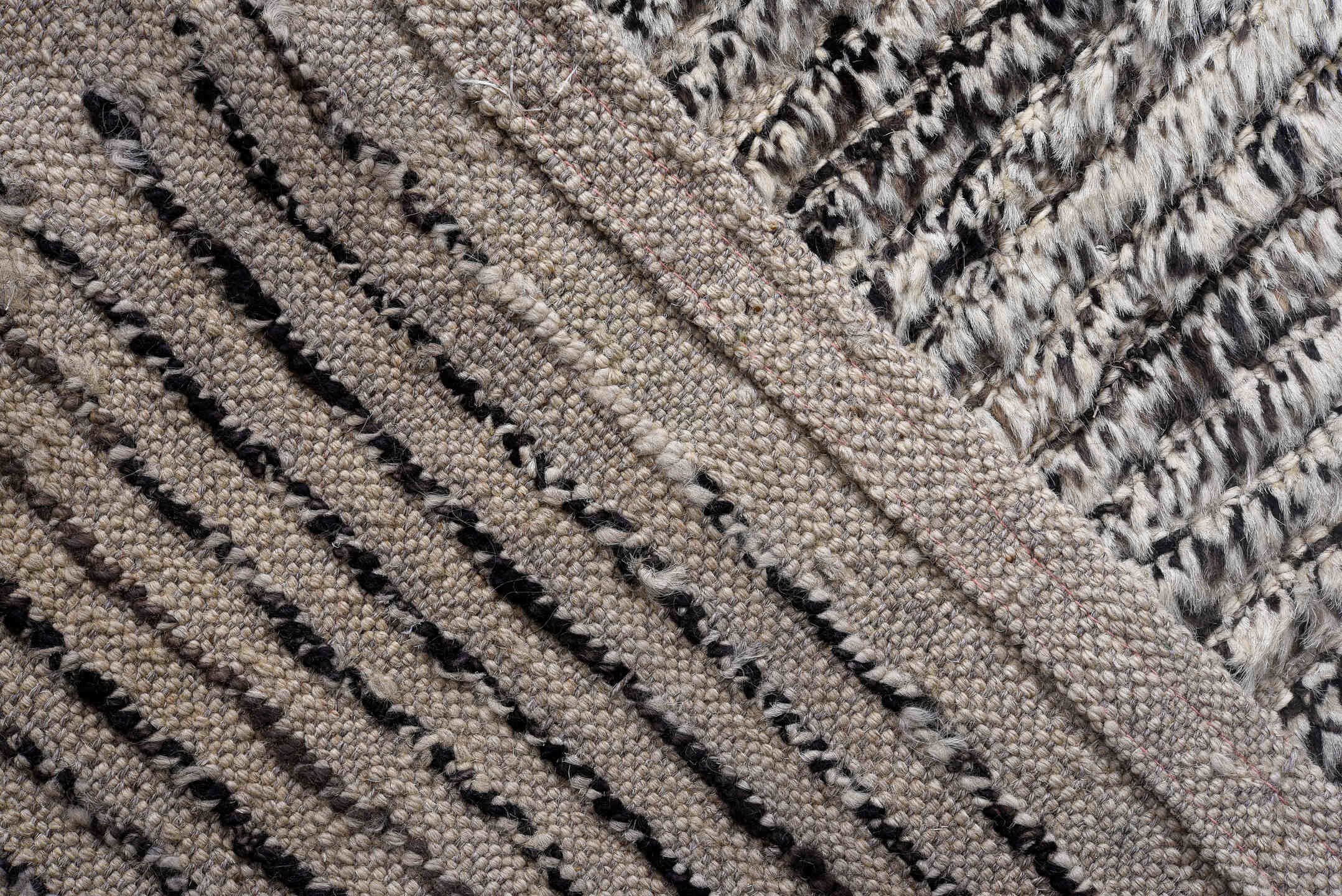 13' x 17' one-of-a-kind handmade vintage Tulu oversize rug. Color palette: gray, brown, charcoal, ivory, sky blue, taupe