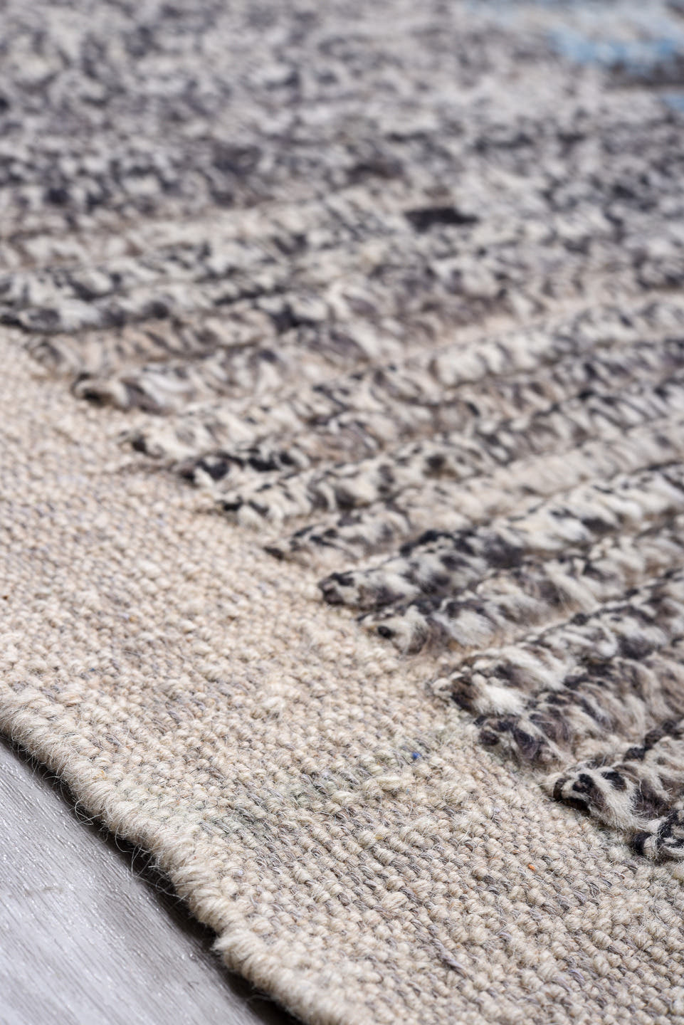 13' x 17' one-of-a-kind handmade vintage Tulu oversize rug. Color palette: gray, brown, charcoal, ivory, sky blue, taupe