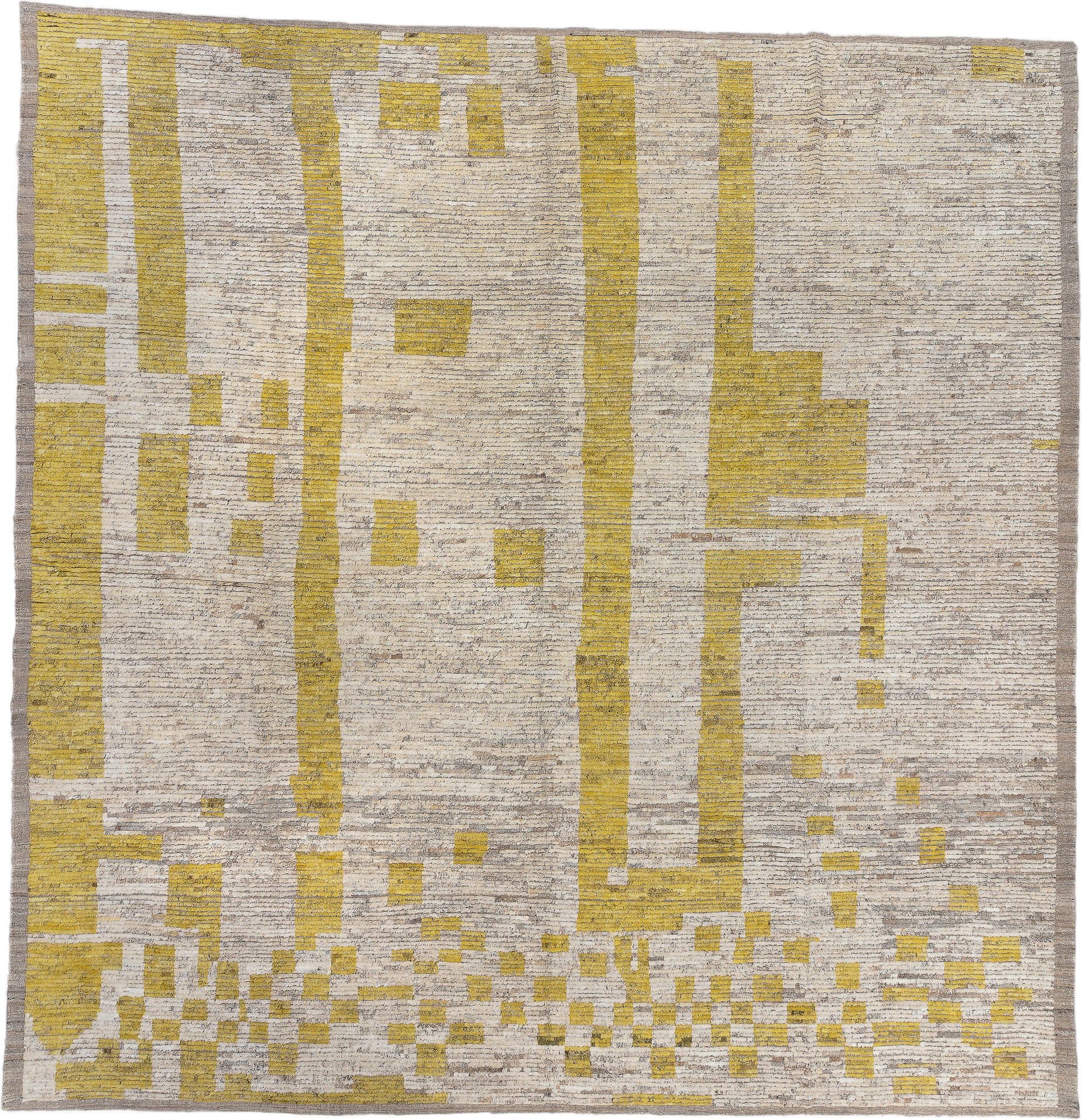 15' x 15' one-of-a-kind handmade vintage Tulu oversize rug. Color palette: ivory, gold, taupe, beige, camel, gray