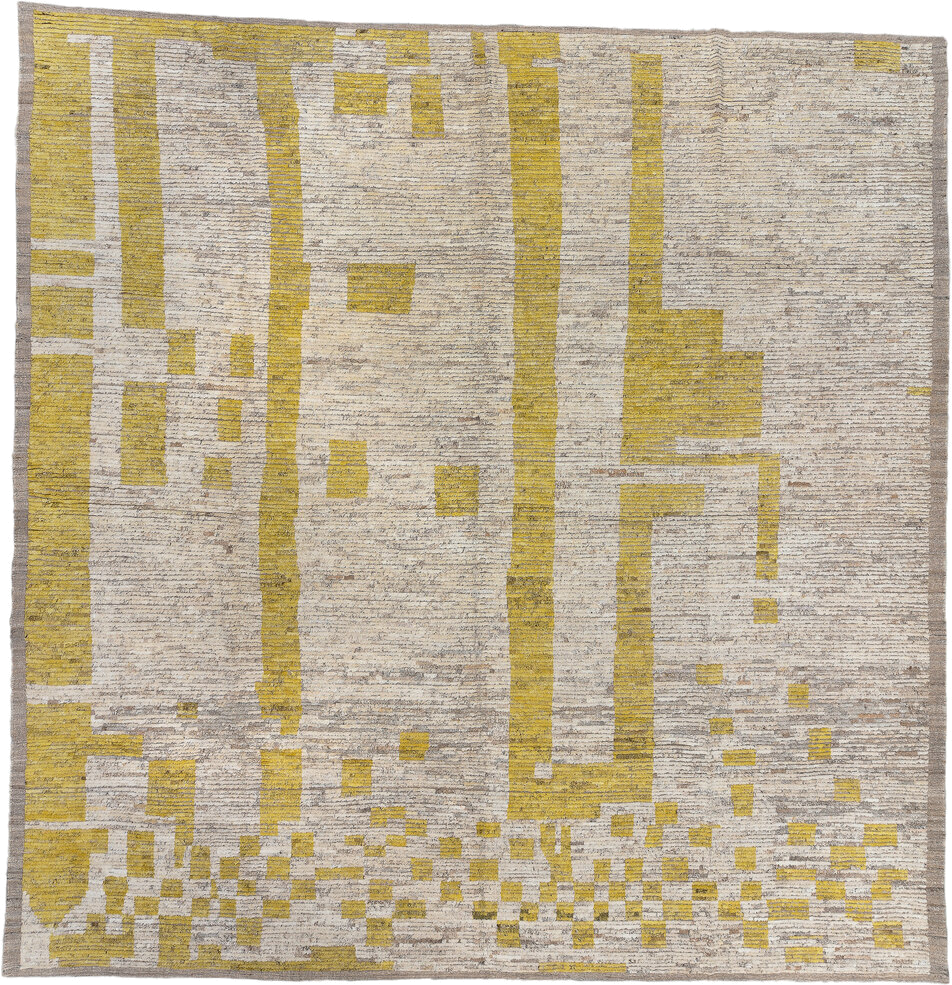 15' x 15' one-of-a-kind handmade vintage Tulu oversize rug. Color palette: ivory, gold, taupe, beige, camel, gray