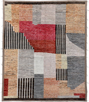 13' x 15' one-of-a-kind handmade vintage Tulu oversize rug. Color palette: ivory, gray, terra cotta, crimson, black, taupe