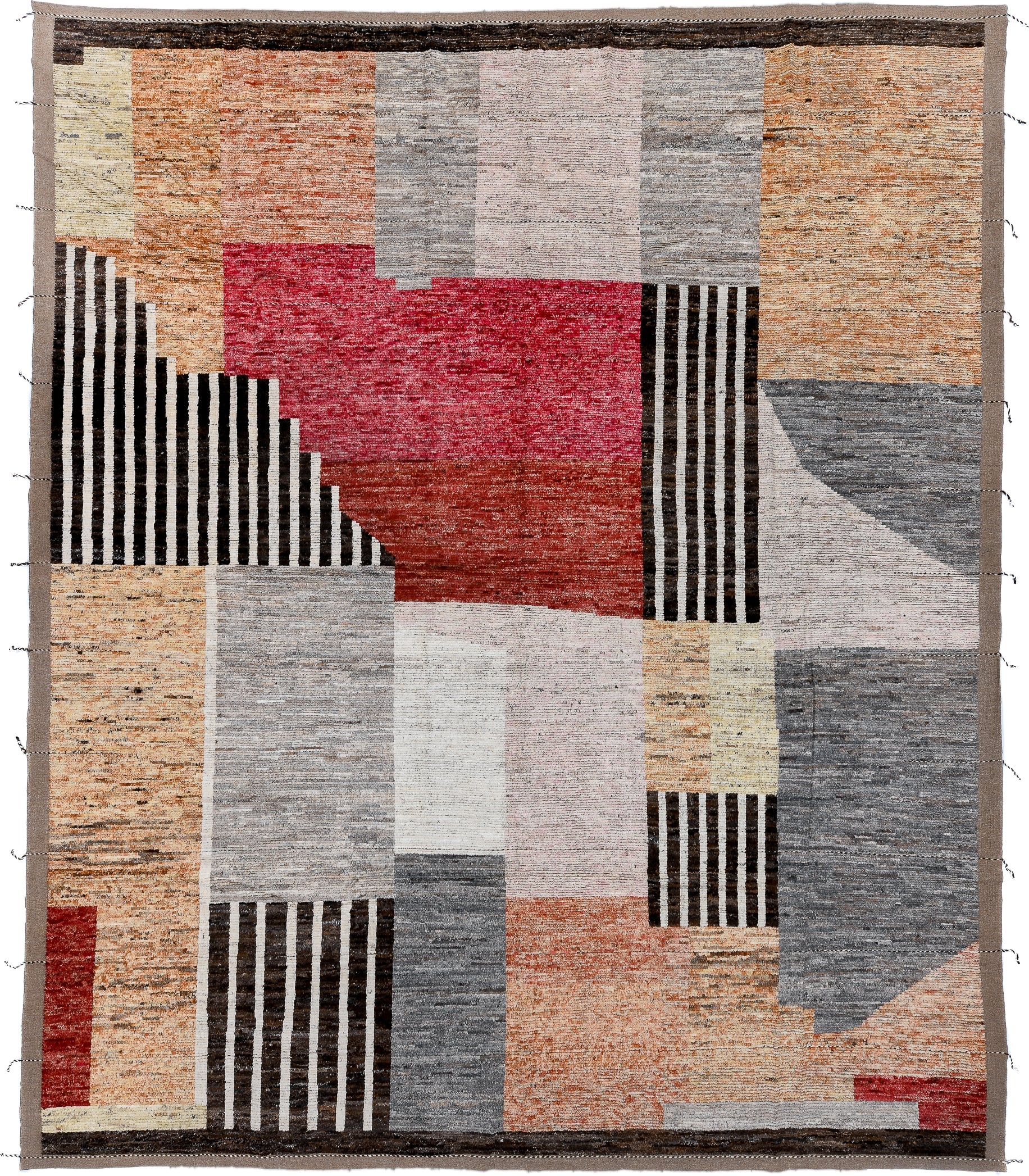 13' x 15' one-of-a-kind handmade vintage Tulu oversize rug. Color palette: ivory, gray, terra cotta, crimson, black, taupe