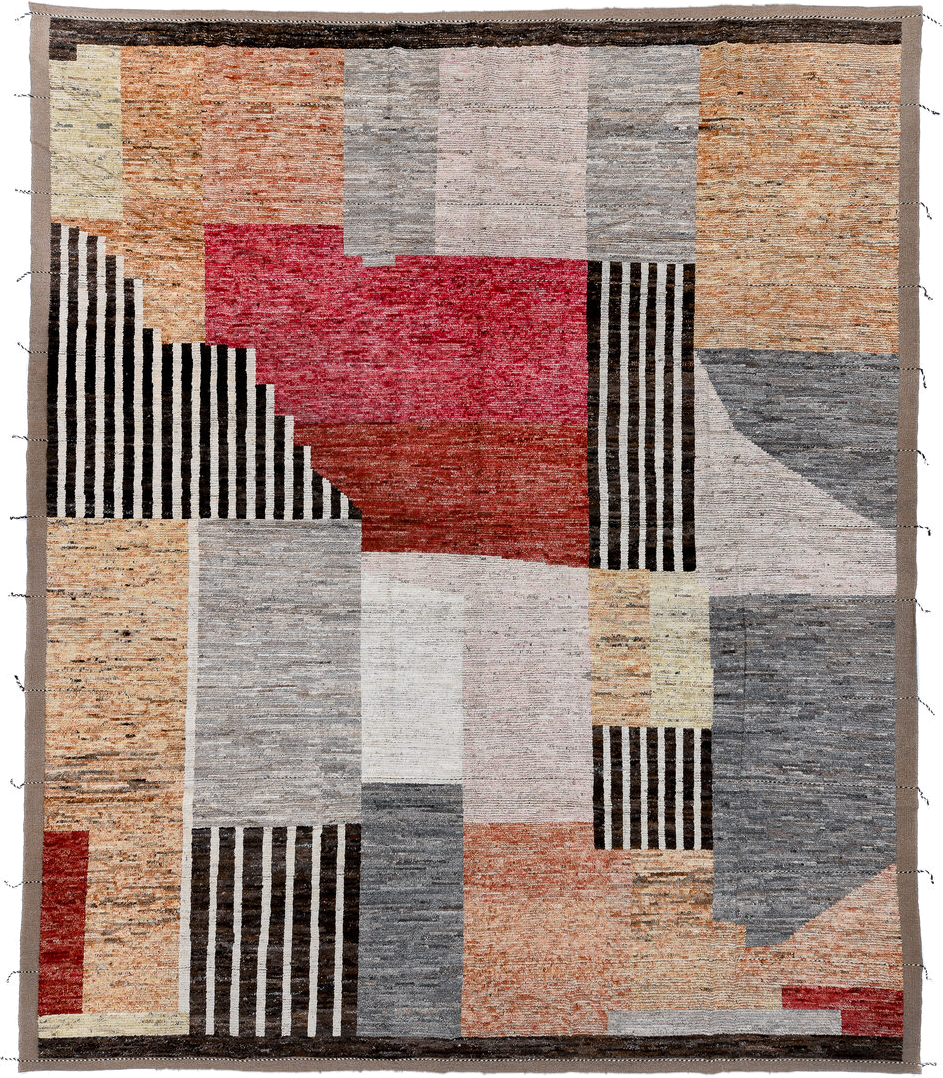 13' x 15' one-of-a-kind handmade vintage Tulu oversize rug. Color palette: ivory, gray, terra cotta, crimson, black, taupe