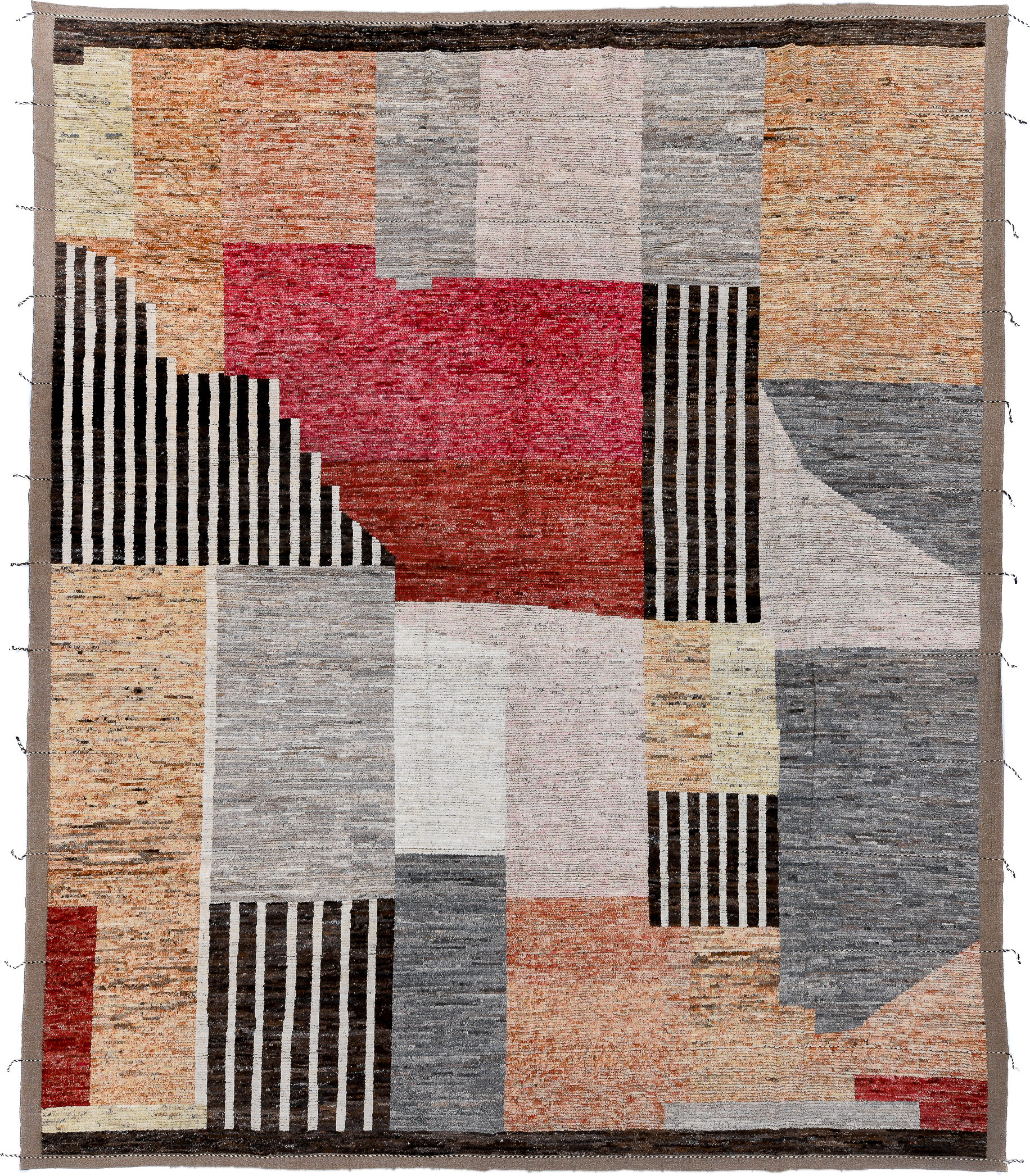 13' x 15' one-of-a-kind handmade vintage Tulu oversize rug. Color palette: ivory, gray, terra cotta, crimson, black, taupe