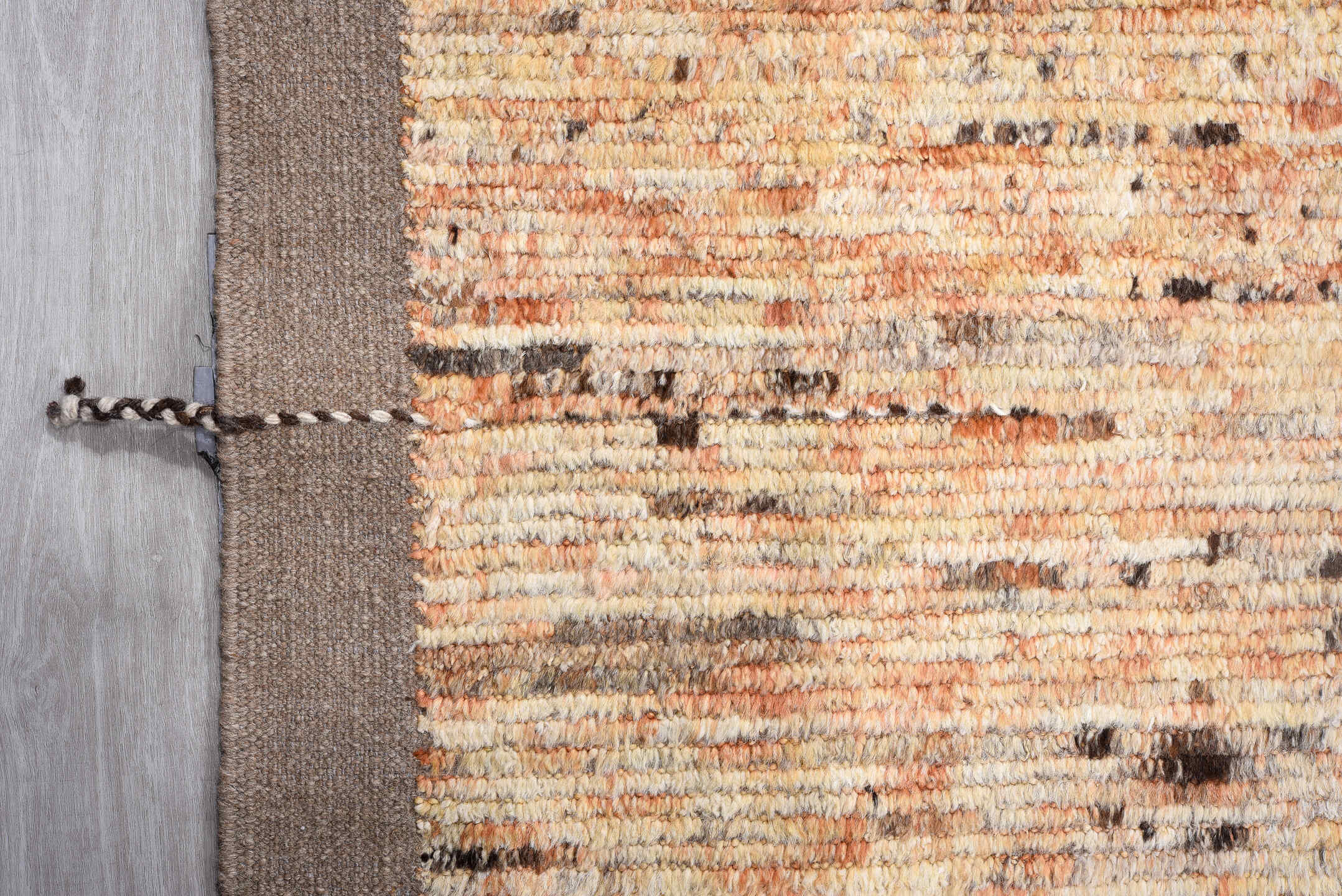 13' x 15' one-of-a-kind handmade vintage Tulu oversize rug. Color palette: ivory, gray, terra cotta, crimson, black, taupe