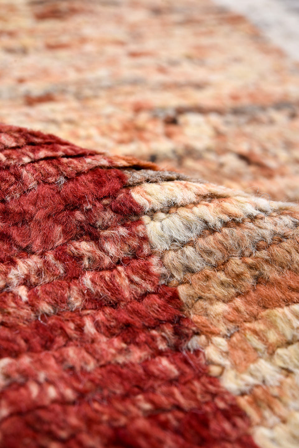 13' x 15' one-of-a-kind handmade vintage Tulu oversize rug. Color palette: ivory, gray, terra cotta, crimson, black, taupe