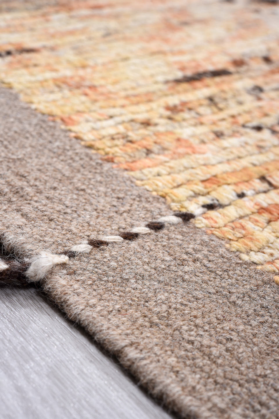 13' x 15' one-of-a-kind handmade vintage Tulu oversize rug. Color palette: ivory, gray, terra cotta, crimson, black, taupe