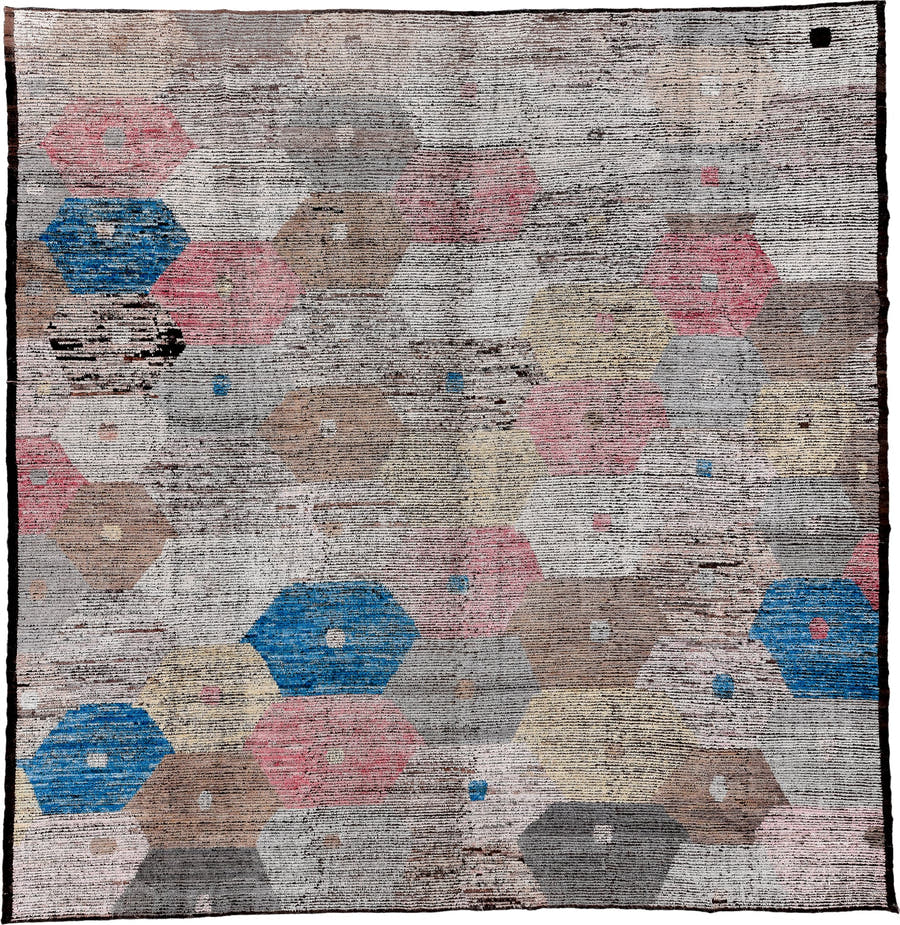 14' x 14' one-of-a-kind handmade vintage Tulu oversize rug. Color palette: ivory, taupe, blush, camel, sky_blue, charcoal