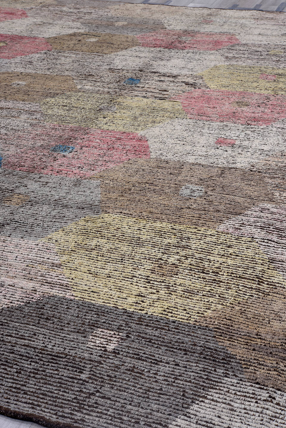 14' x 14' one-of-a-kind handmade vintage Tulu oversize rug. Color palette: ivory, taupe, blush, camel, sky_blue, charcoal