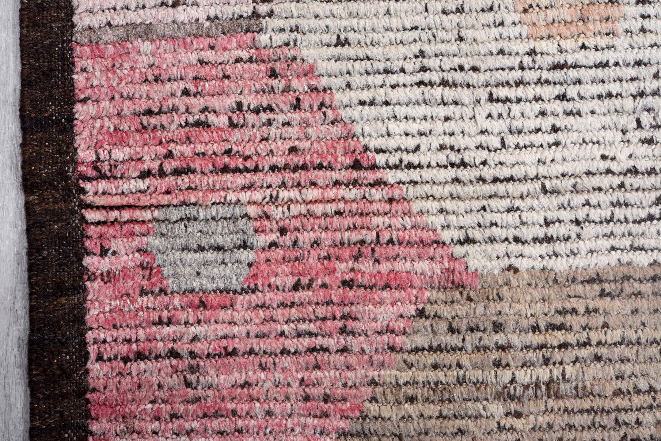 14' x 14' one-of-a-kind handmade vintage Tulu oversize rug. Color palette: ivory, taupe, blush, camel, sky_blue, charcoal