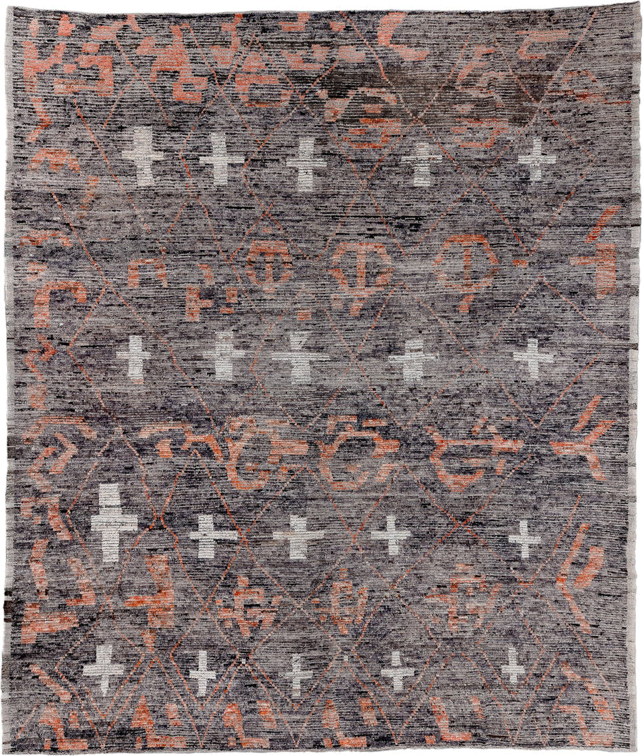 13' x 16' one-of-a-kind handmade vintage Tulu oversize rug. Color palette: gray, charcoal, coral, ivory, taupe, black
