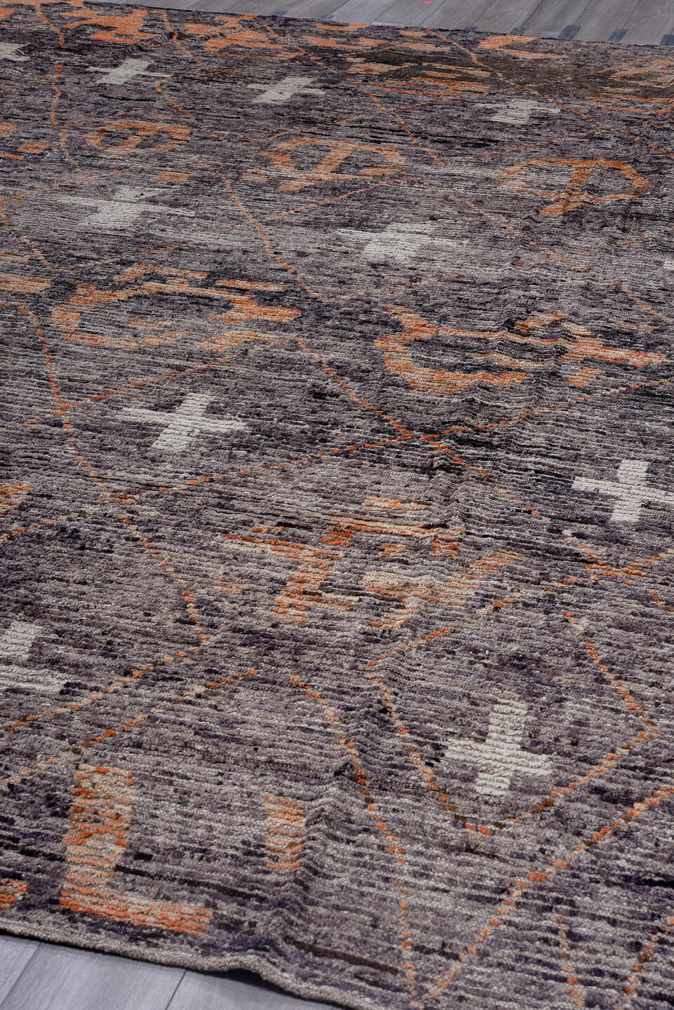13' x 16' one-of-a-kind handmade vintage Tulu oversize rug. Color palette: gray, charcoal, coral, ivory, taupe, black