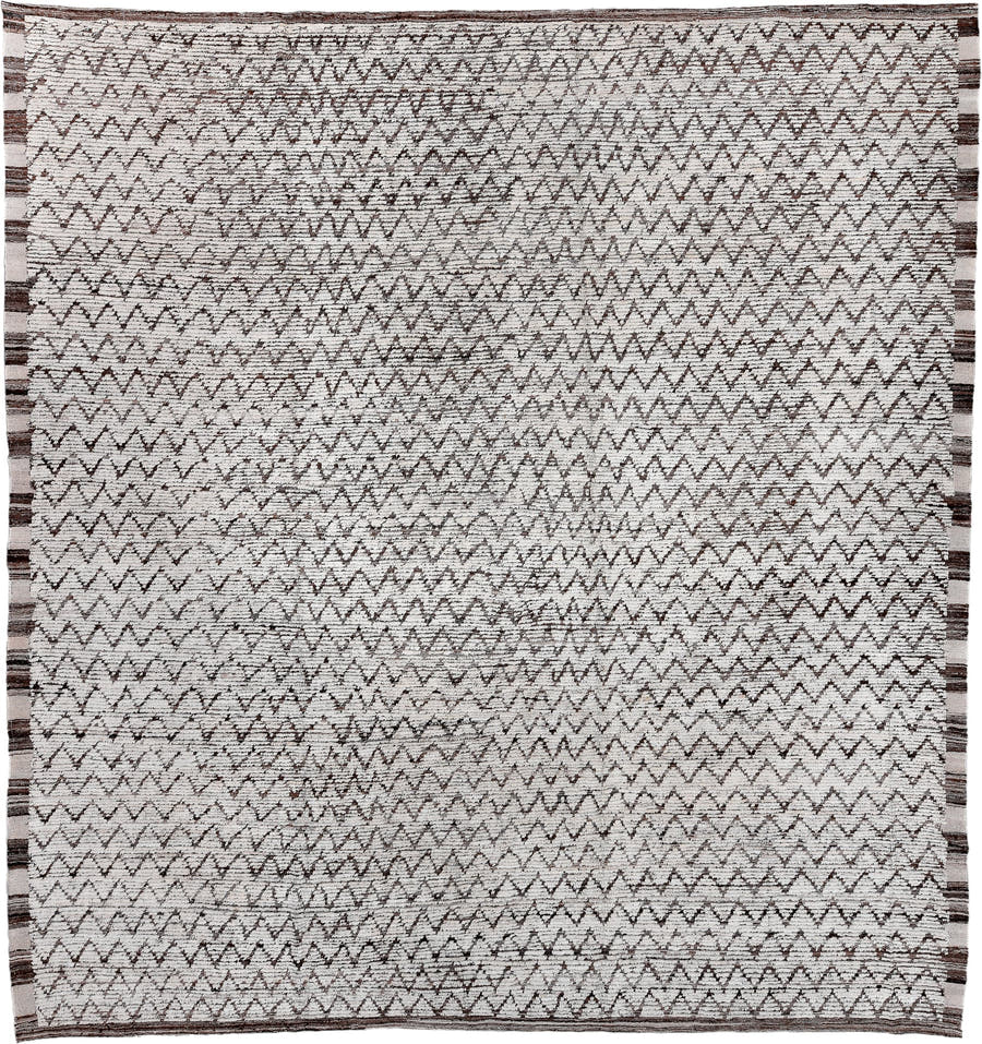 12' x 13' one-of-a-kind handmade vintage Tulu oversize rug. Color palette: ivory, brown, taupe, charcoal, beige, gray, black