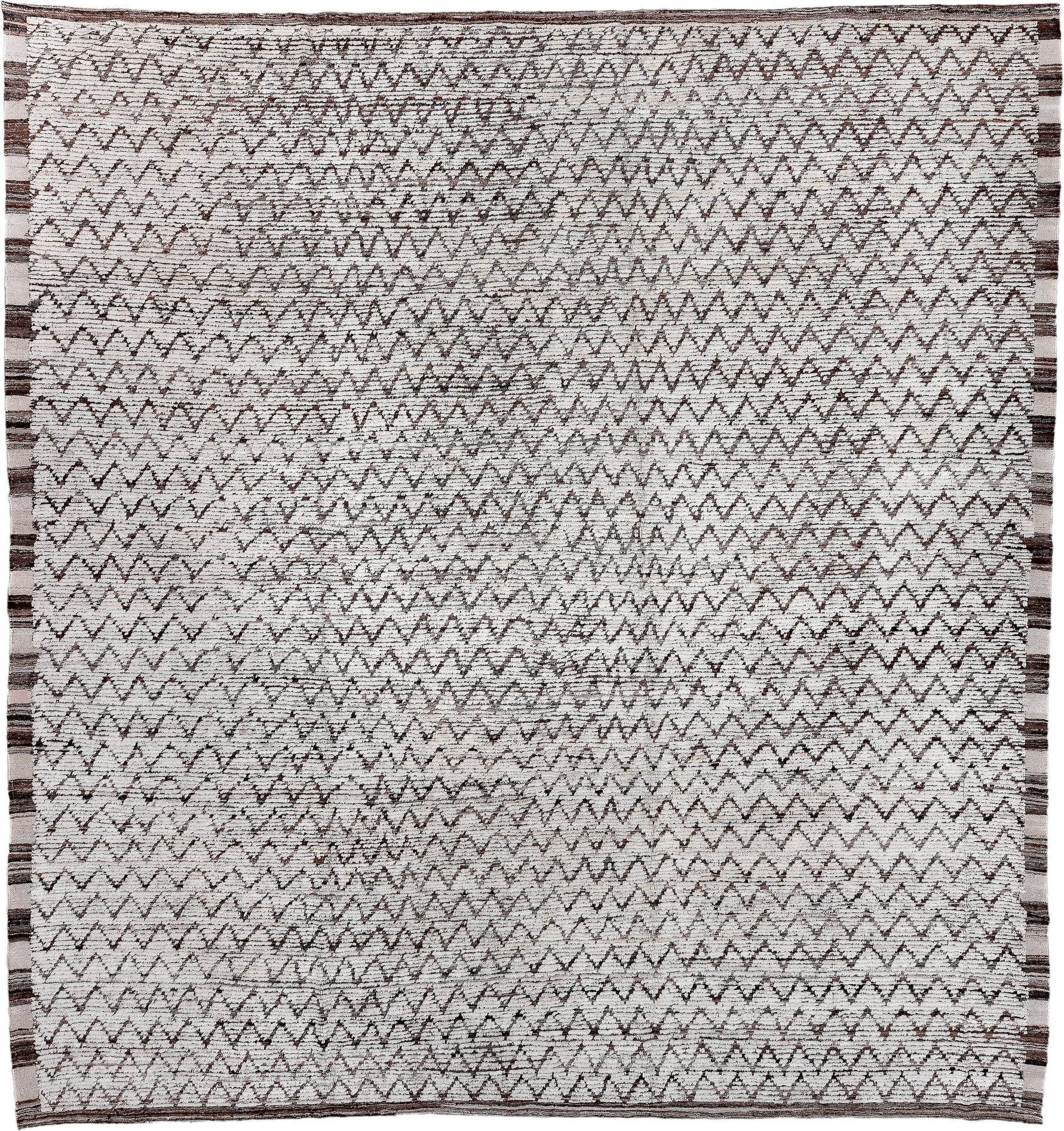 12' x 13' one-of-a-kind handmade vintage Tulu oversize rug. Color palette: ivory, brown, taupe, charcoal, beige, gray, black