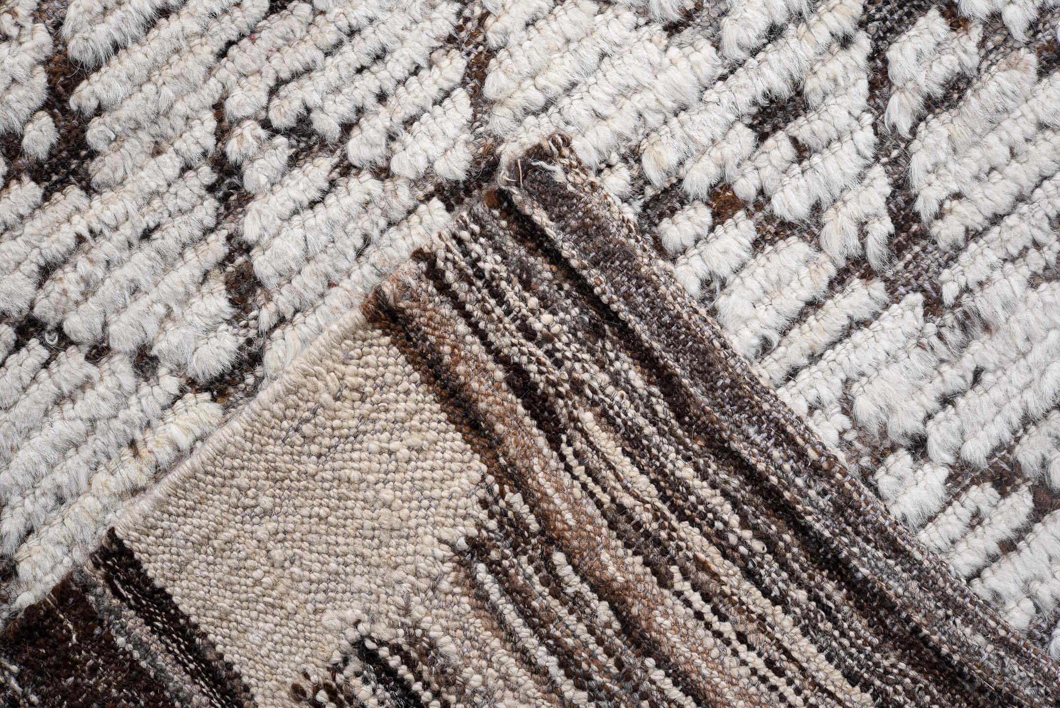 12' x 13' one-of-a-kind handmade vintage Tulu oversize rug. Color palette: ivory, brown, taupe, charcoal, beige, gray, black