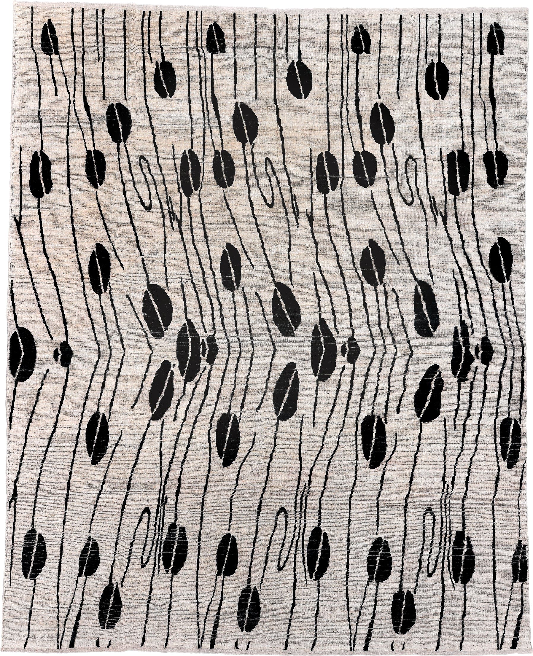 12' x 15' one-of-a-kind handmade vintage Tulu oversize rug. Color palette: ivory, charcoal, black, gray