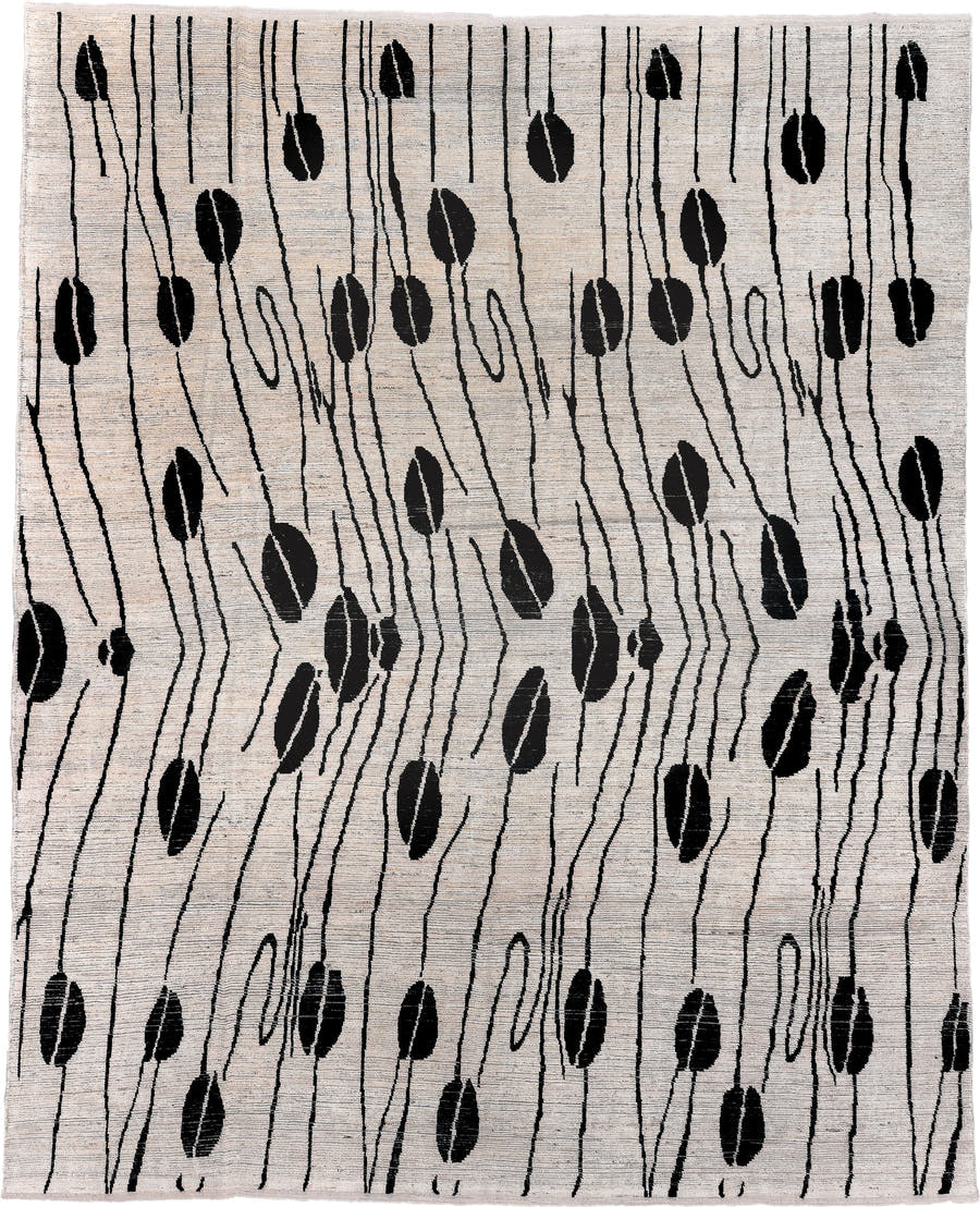 12' x 15' one-of-a-kind handmade vintage Tulu oversize rug. Color palette: ivory, charcoal, black, gray