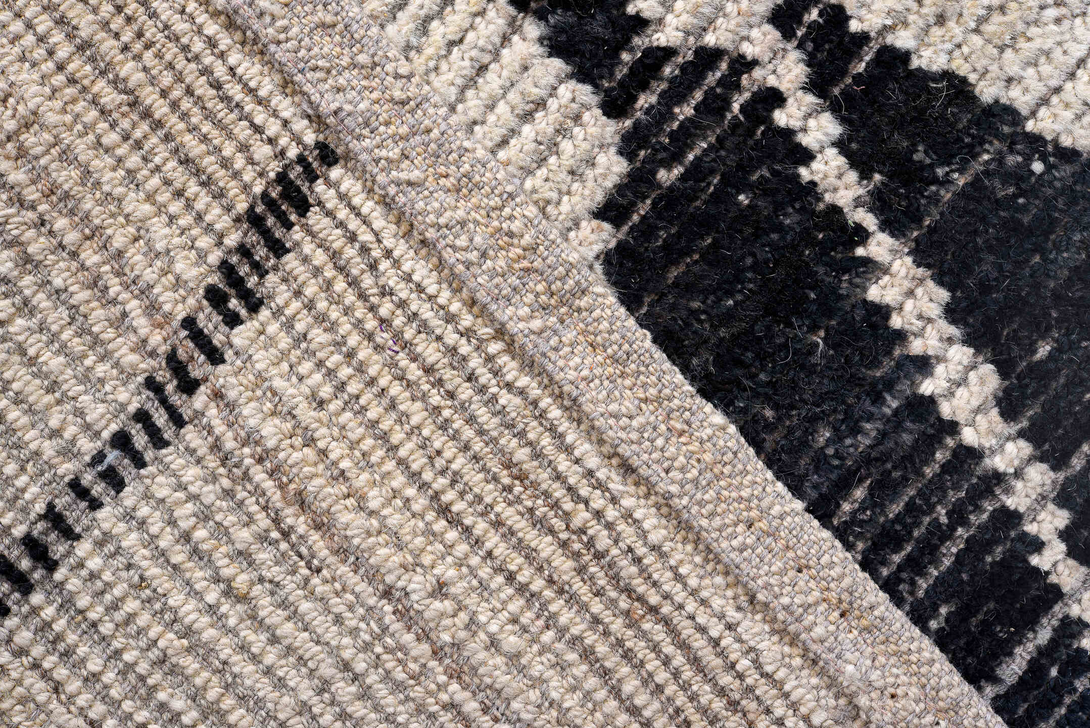 12' x 15' one-of-a-kind handmade vintage Tulu oversize rug. Color palette: ivory, charcoal, black, gray