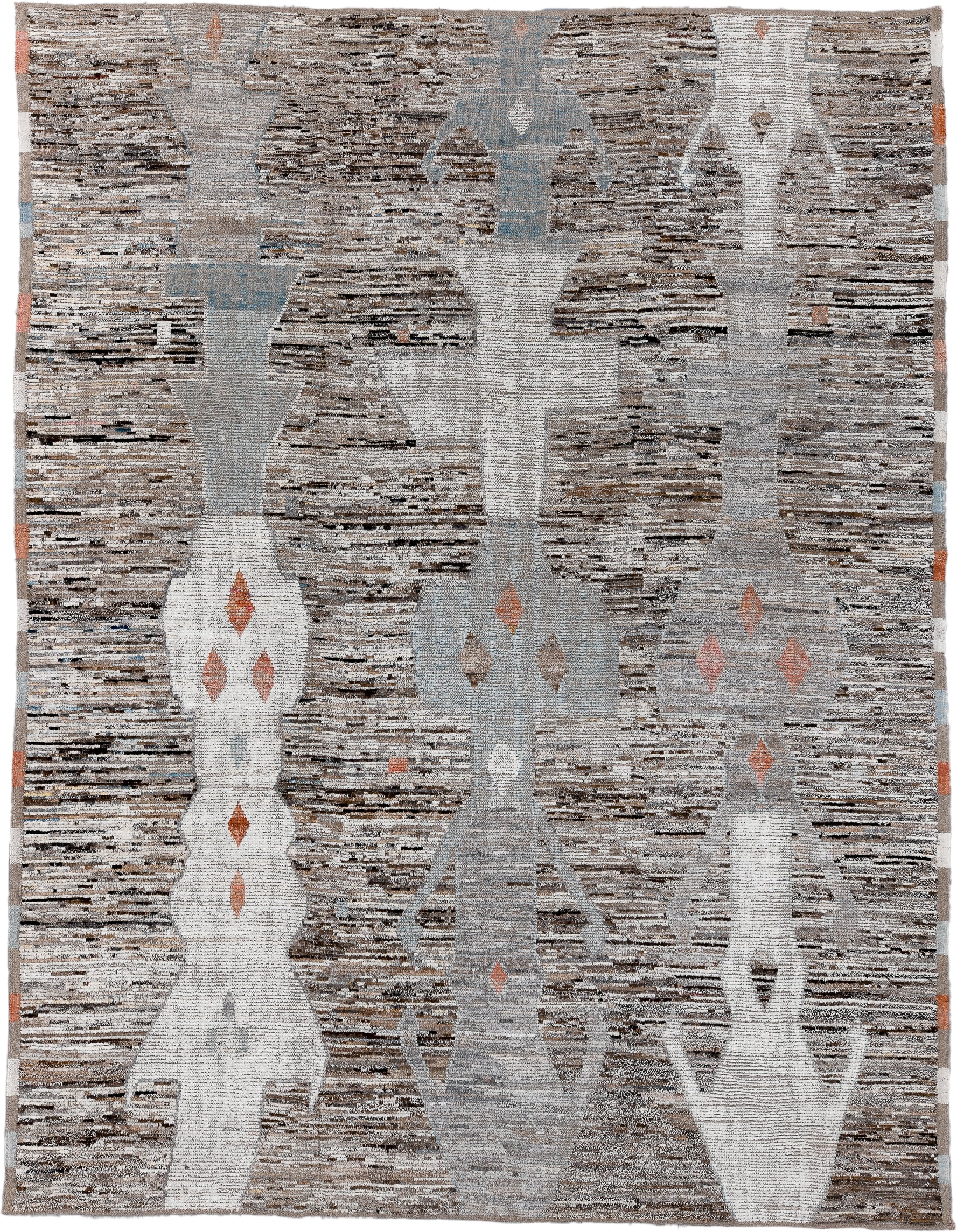 11' x 15' one-of-a-kind handmade vintage Tulu oversize rug. Color palette: taupe, ivory, brown, gray, blue, peach, charcoal