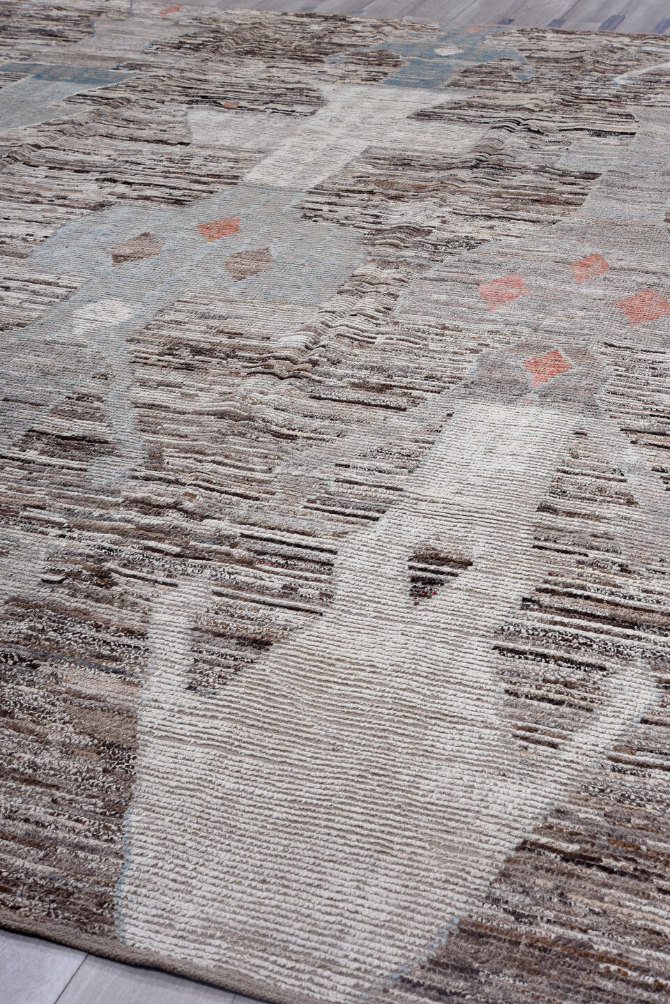 11' x 15' one-of-a-kind handmade vintage Tulu oversize rug. Color palette: taupe, ivory, brown, gray, blue, peach, charcoal
