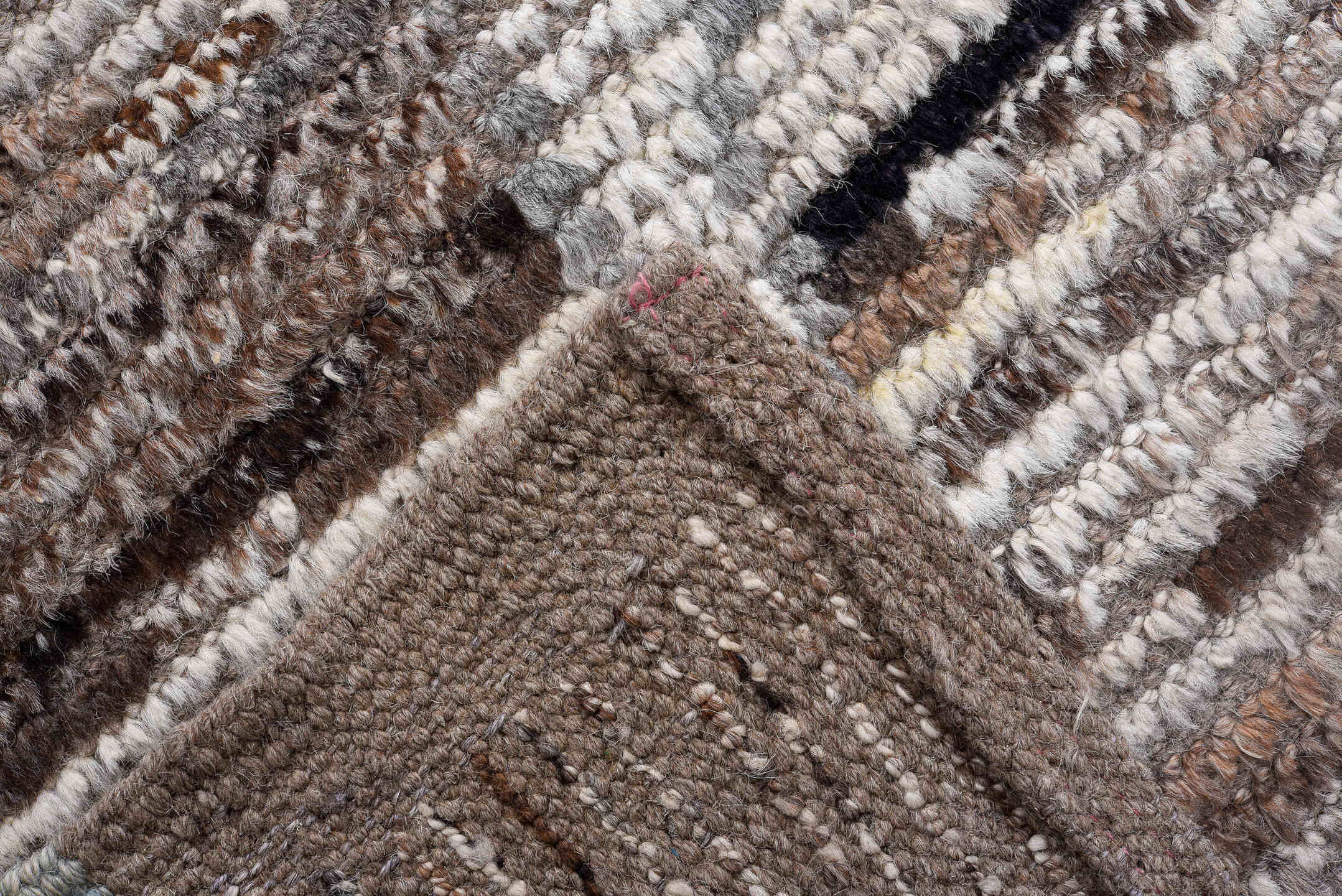 11' x 15' one-of-a-kind handmade vintage Tulu oversize rug. Color palette: taupe, ivory, brown, gray, blue, peach, charcoal