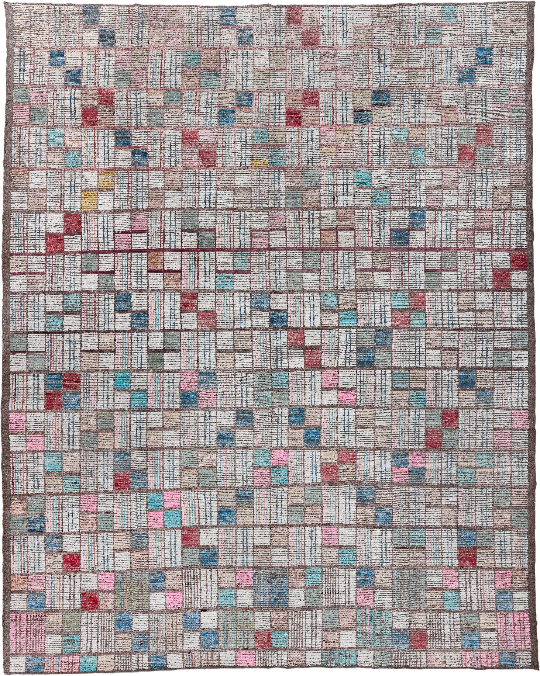 14' x 18' one-of-a-kind handmade vintage Tulu oversize rug. Color palette: ivory, taupe, brown, sky_blue, rose, crimson